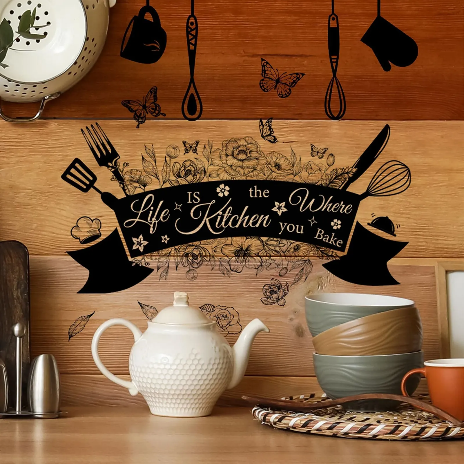 Наклейка на стіну Кухонна Столові прибори Метелики Квіти Чорний, M1, фото №6