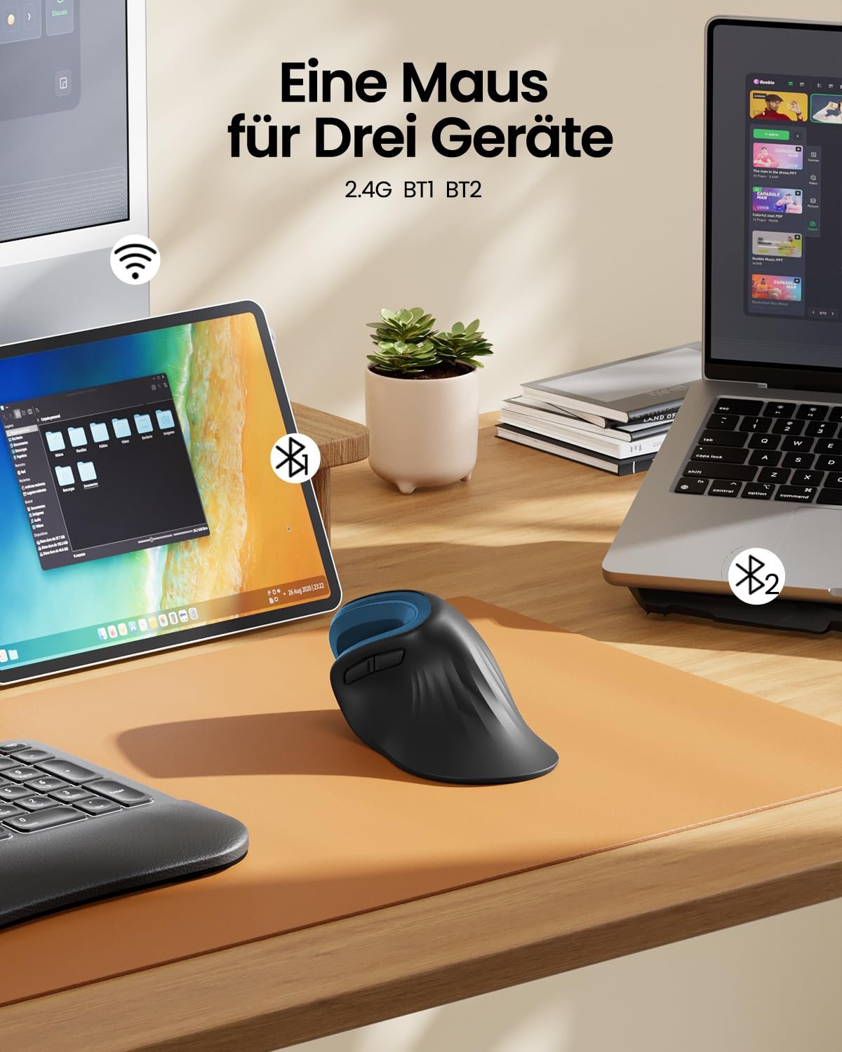 Миша Вертикальна ProtoArc EM11 NL Ергономічна Бездротова (Bluetooth + Bluetooth + USB) Чорний/Синій, фото №5