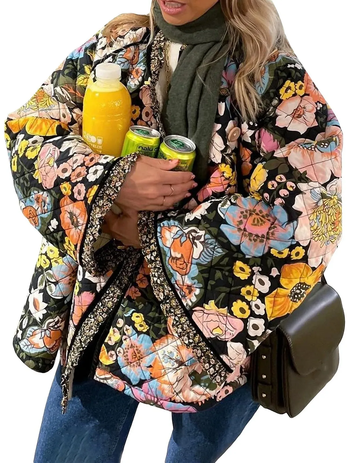 Укорочена куртка-пуховик Acrawnni Жіноча з квітковим принтом, стьобана, з довгими рукавами, легка вінтажна, фото №1