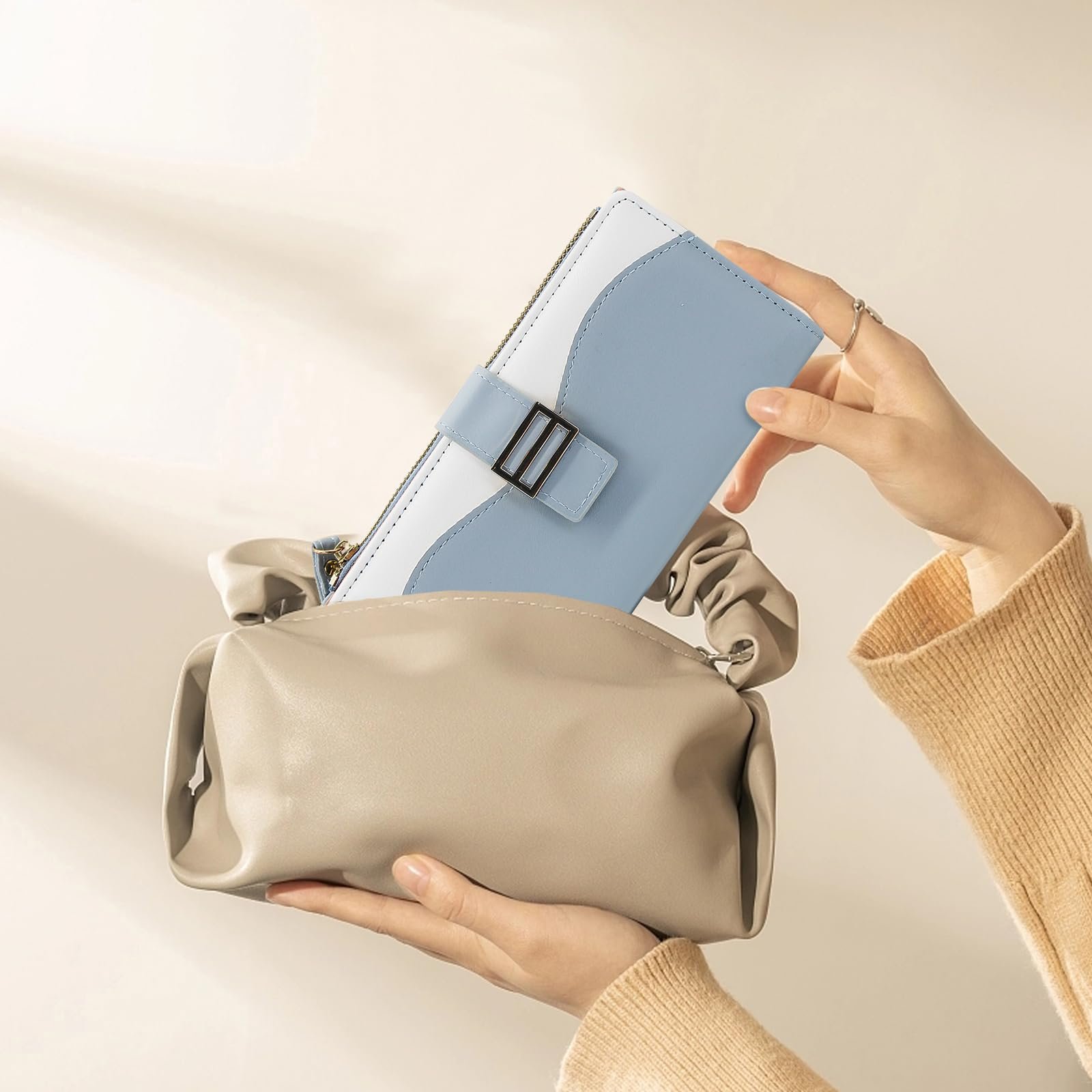 Кошелек Bifold AdiStylinno Женский Искусственная кожа PU Большой Вместимости Длинный Кошелек Тонкий Держатель для Карт на Молнии с Множеством Отделений для Карт и Ремешком на Запястье, синий, Modern, фото №5