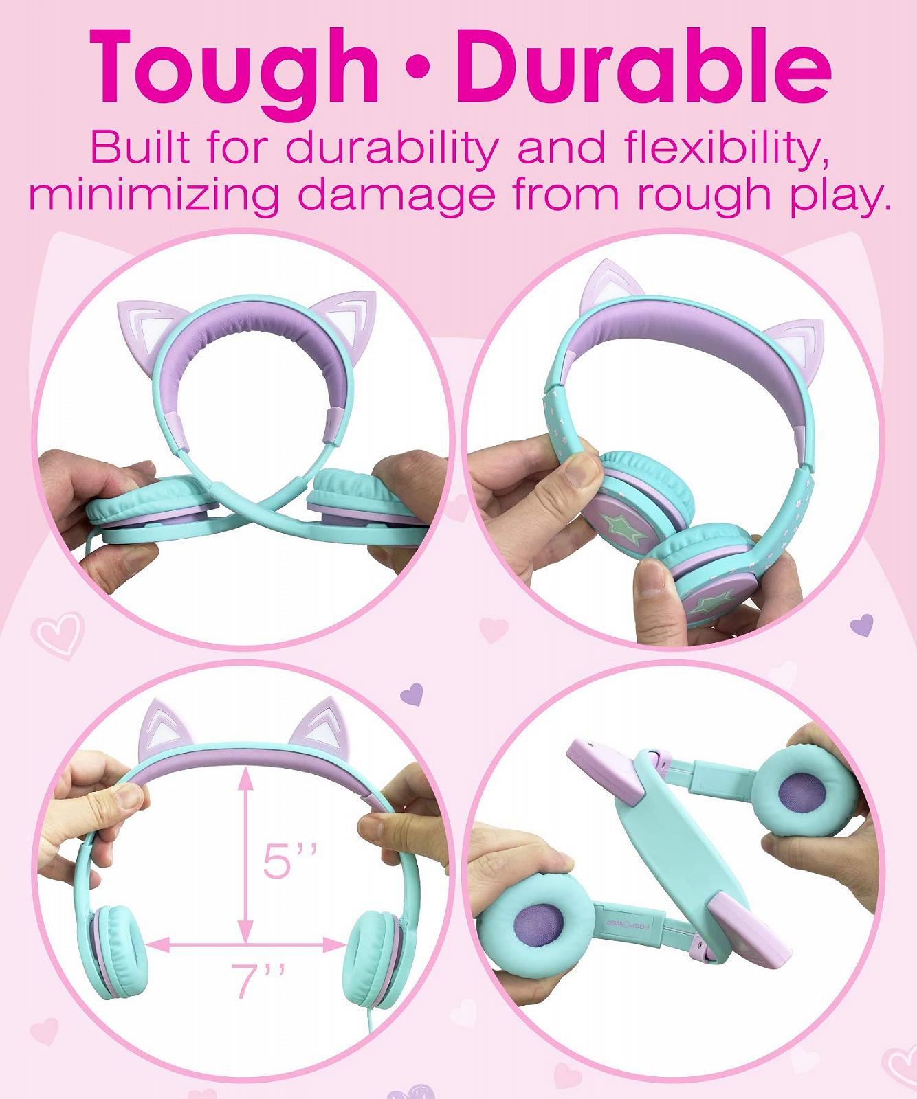 Навушники FosPower Kids with LED Glow Cat Ears 3.5mm Turquoise/Light Purple, фото №3