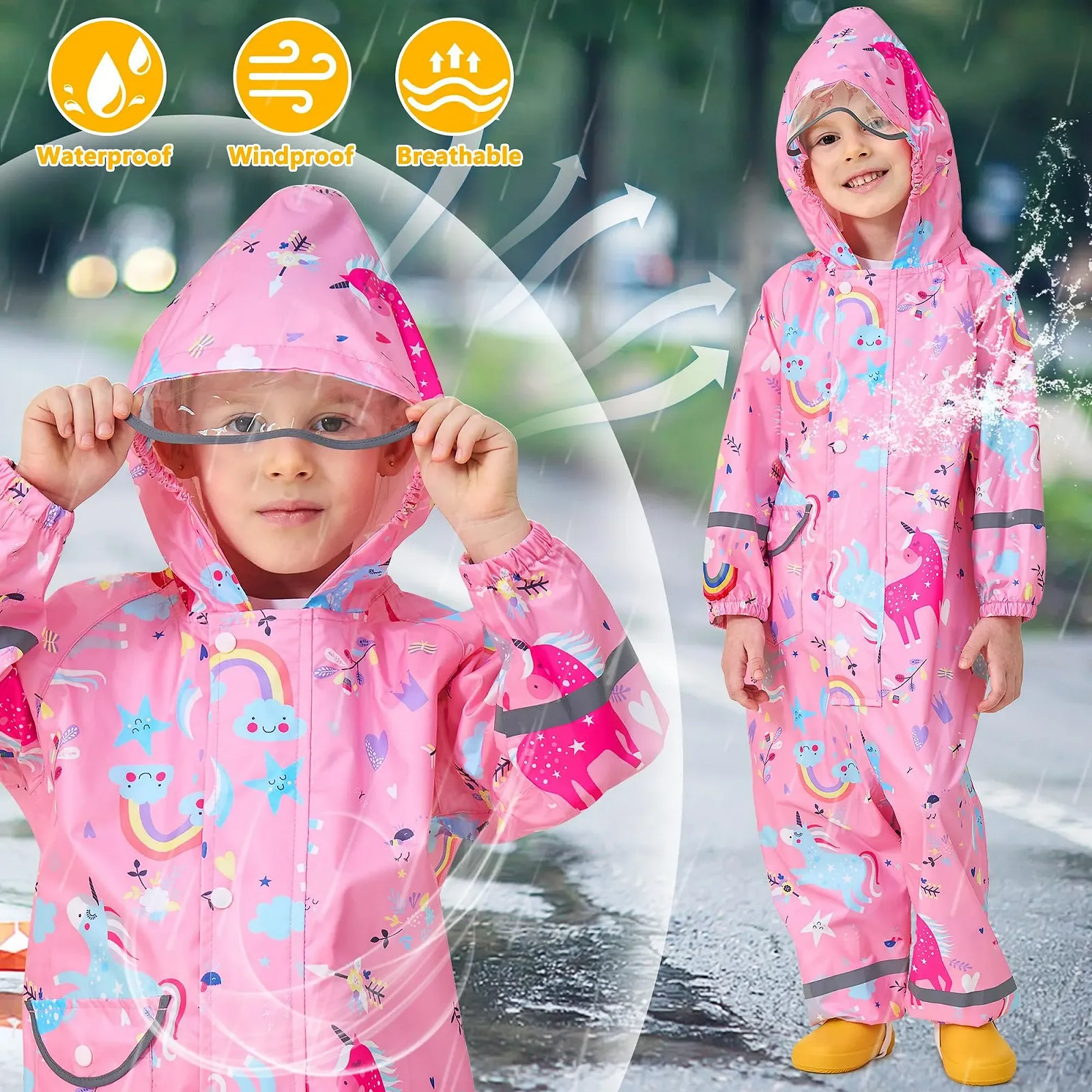 Дождевик детский для девочек Domueay, Водонепроницаемый, Дышащий, с Капюшоном, Цельный, Легкий Комбинезон для Защиты от Грязи, Дождевик для Малышей 1-9 лет, фото №4