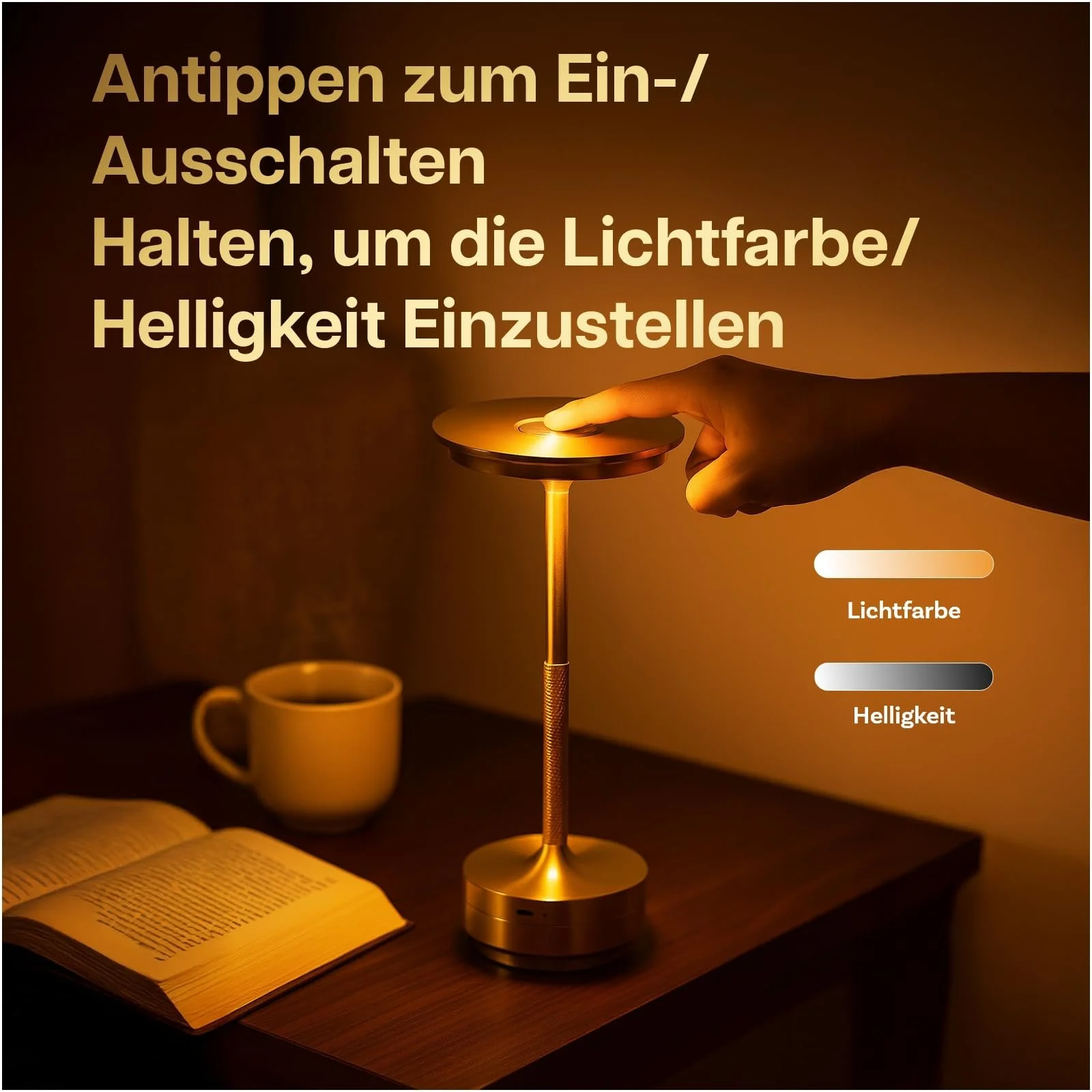 Настільна лампа MMOBIEL бездротова LED кругла металева з акумулятором 1800 мАг USB-C Золота, фото №6