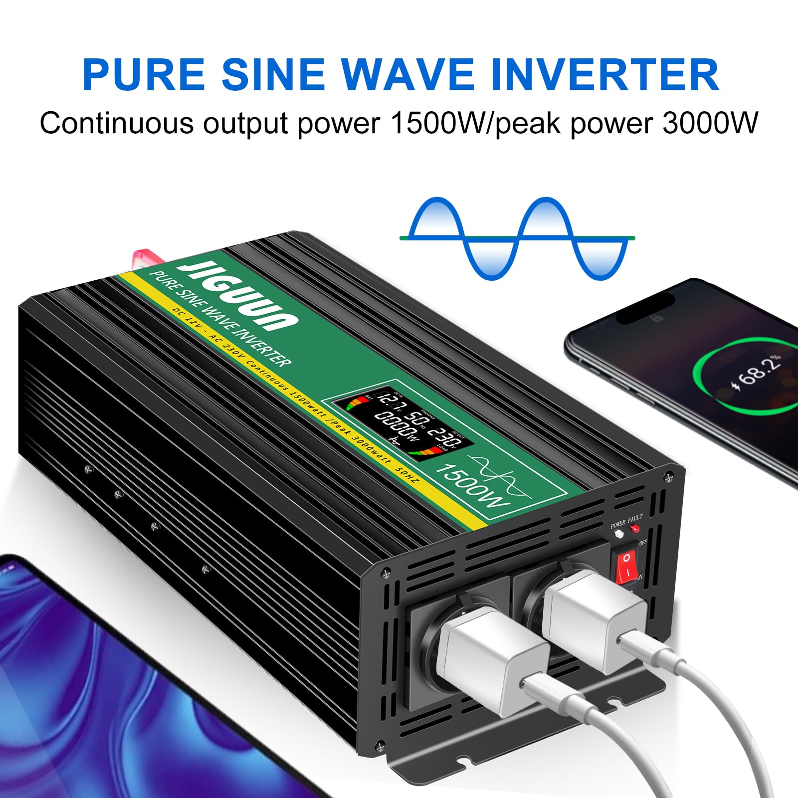 Інвертор JIGUUN Pure Sine Wave Конвертер напруги 1500 Вт 12 В 230 В 2 єврозамки USB вихід 2.1 А бездротовий пульт ДК LCD дисплей, фото №2