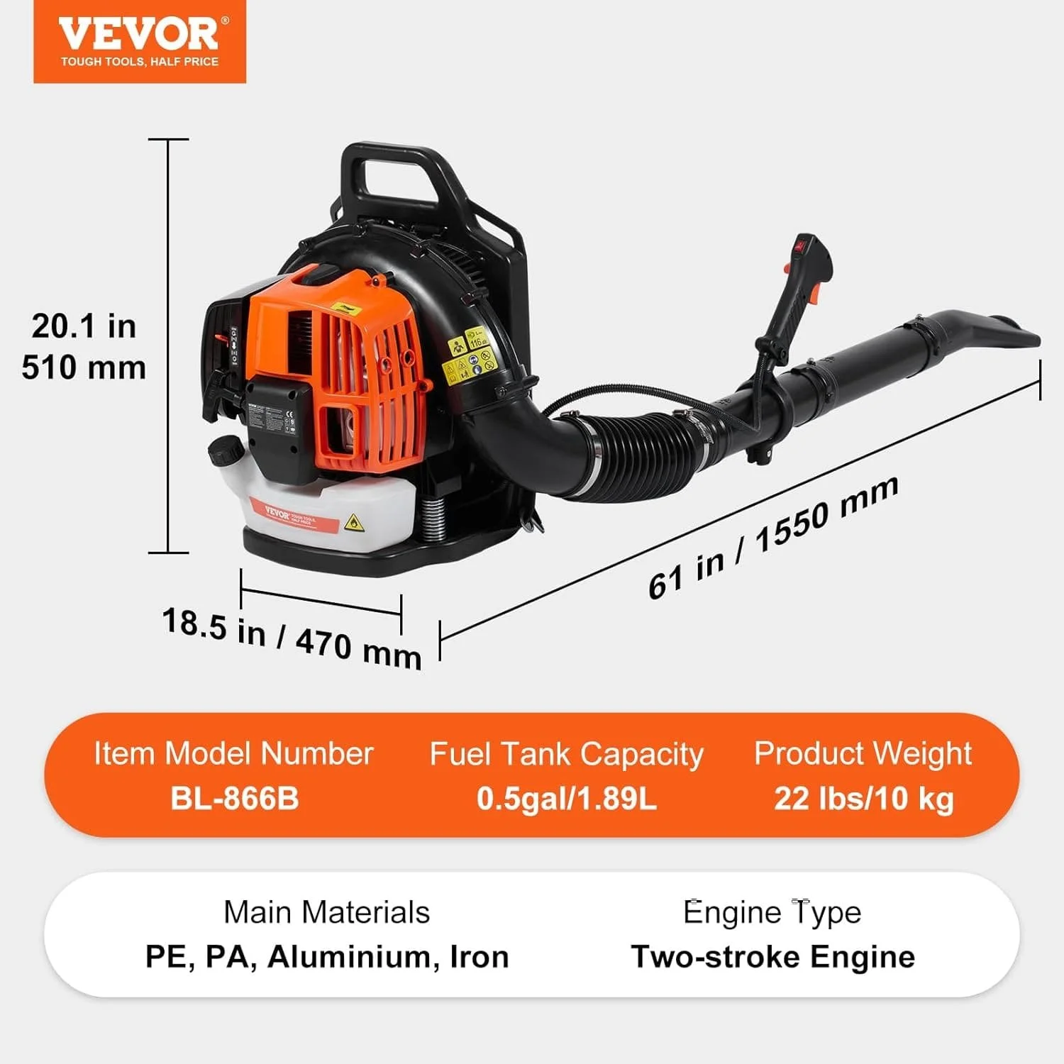 Бензинова ранцева повітродувка VEVOR BL-866B Black/Orange, фото №6