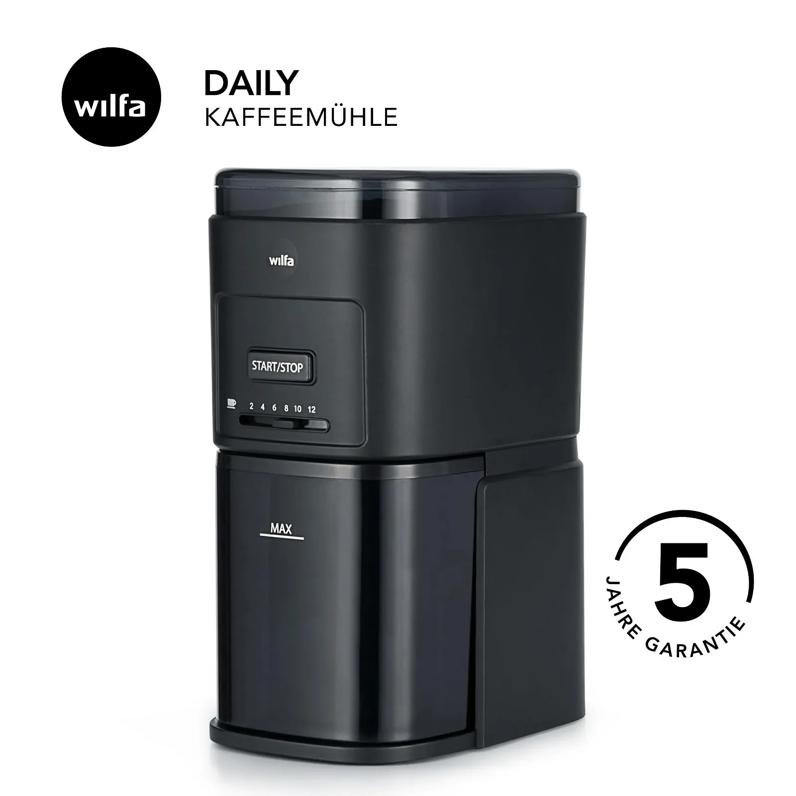 Кавомолка Wilfa DAILY Електрична, дискова, з нержавіючої сталі, 260 г, від дрібного до грубого помелу, регулювання кількості порошку на 2-12 чашок, захист від перегріву, чорна, фото №2