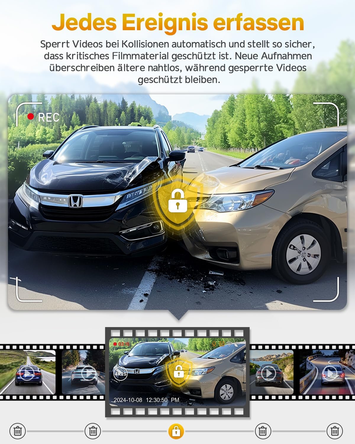 Відеореєстратор GKU 4K Dash Cam Mini WiFi 170 градусів кут огляду Нічне бачення WDR 24H Моніторинг паркування Циклічний запис G-сенсор з SD-картою 64GB, фото №7