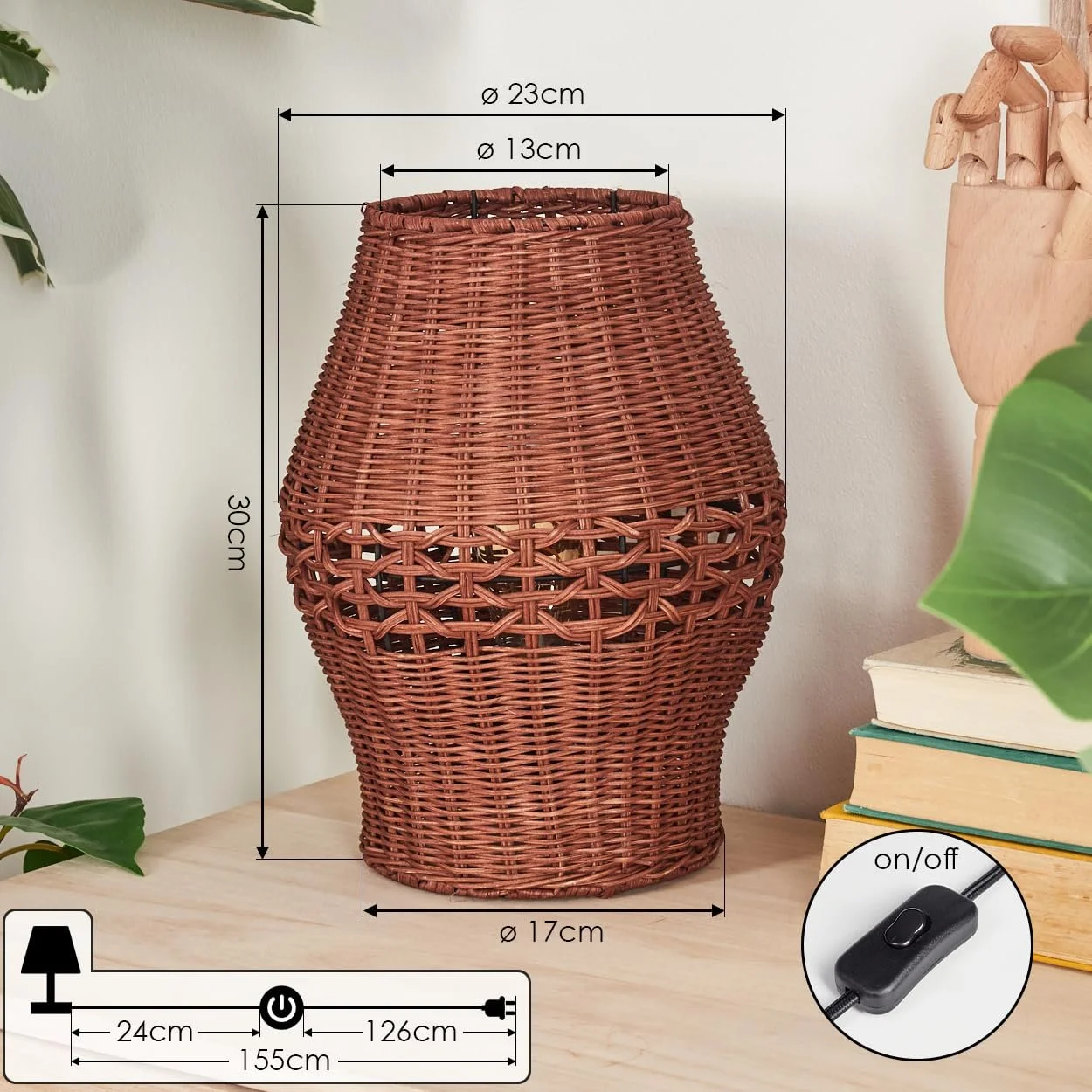 Настільна лампа HOFSTEIN Cardeira метал / ротанг 30 см E27 Чорний/Коричневий, фото №5