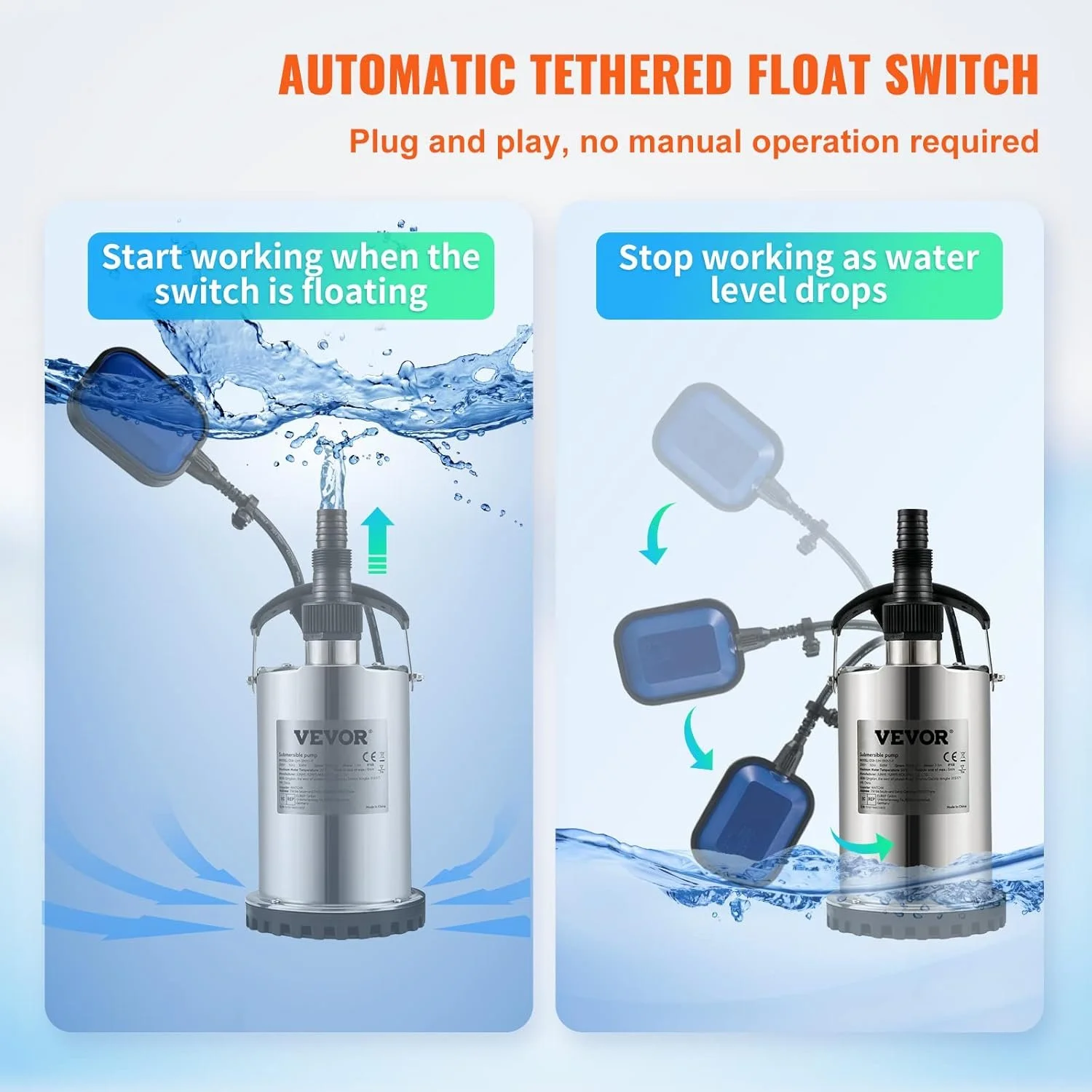 Глибинний насос VEVOR QSB-2JH-55051-F / 550Вт / Нержавіюча сталь / 85м напор / 65л/хв / Срібний, фото №5