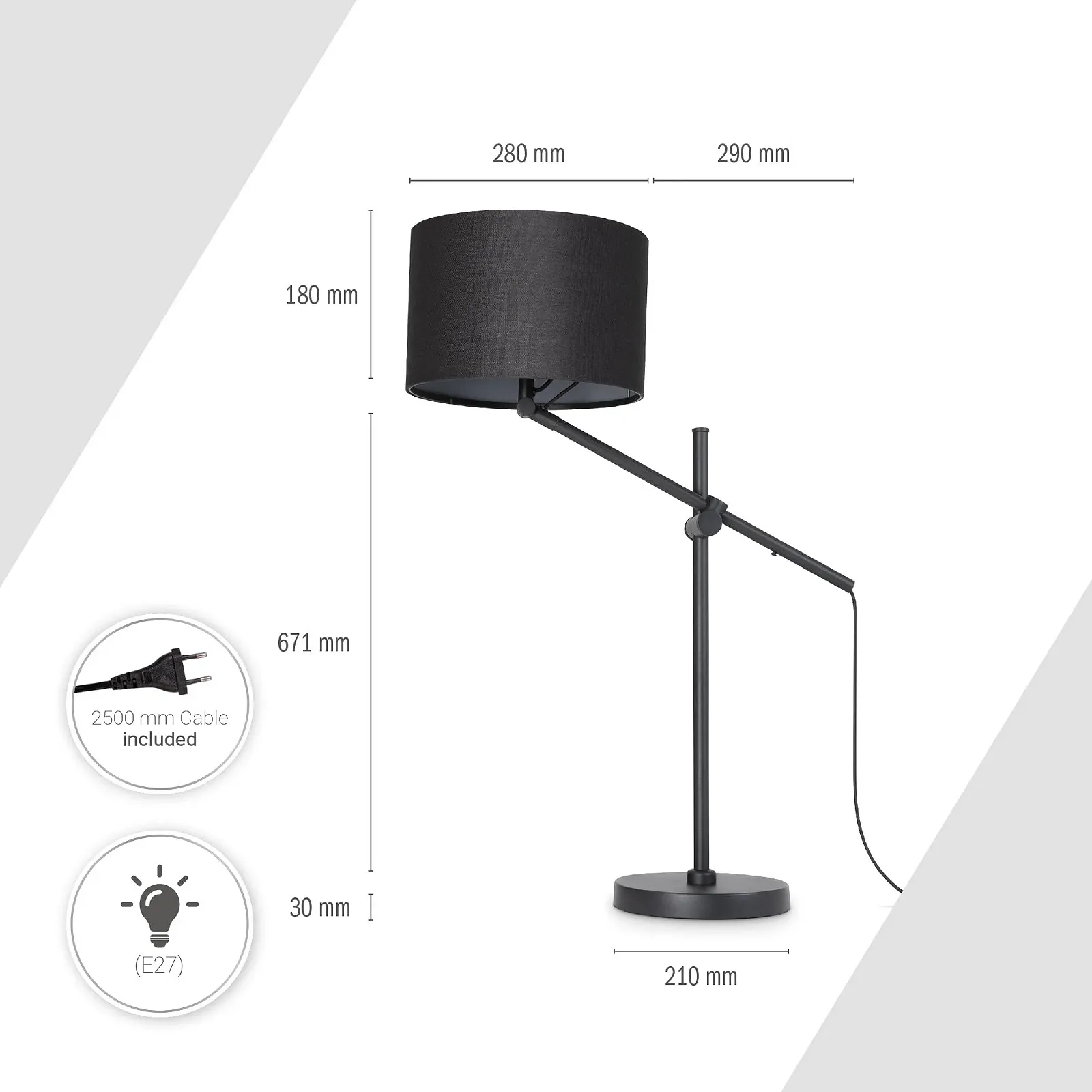 Настільна лампа Paco Home Modern Stylish Round Shade Fabric E27 (Black/Grey), фото №3