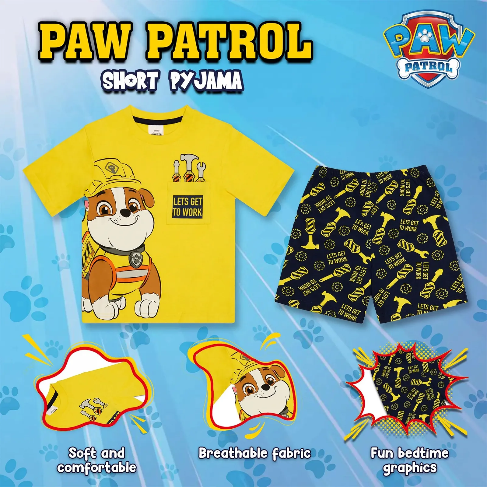 Комплект детской пижамы (футболка и шорты) Paw Patrol Rubble, 100% хлопок, для мальчиков, фото №3