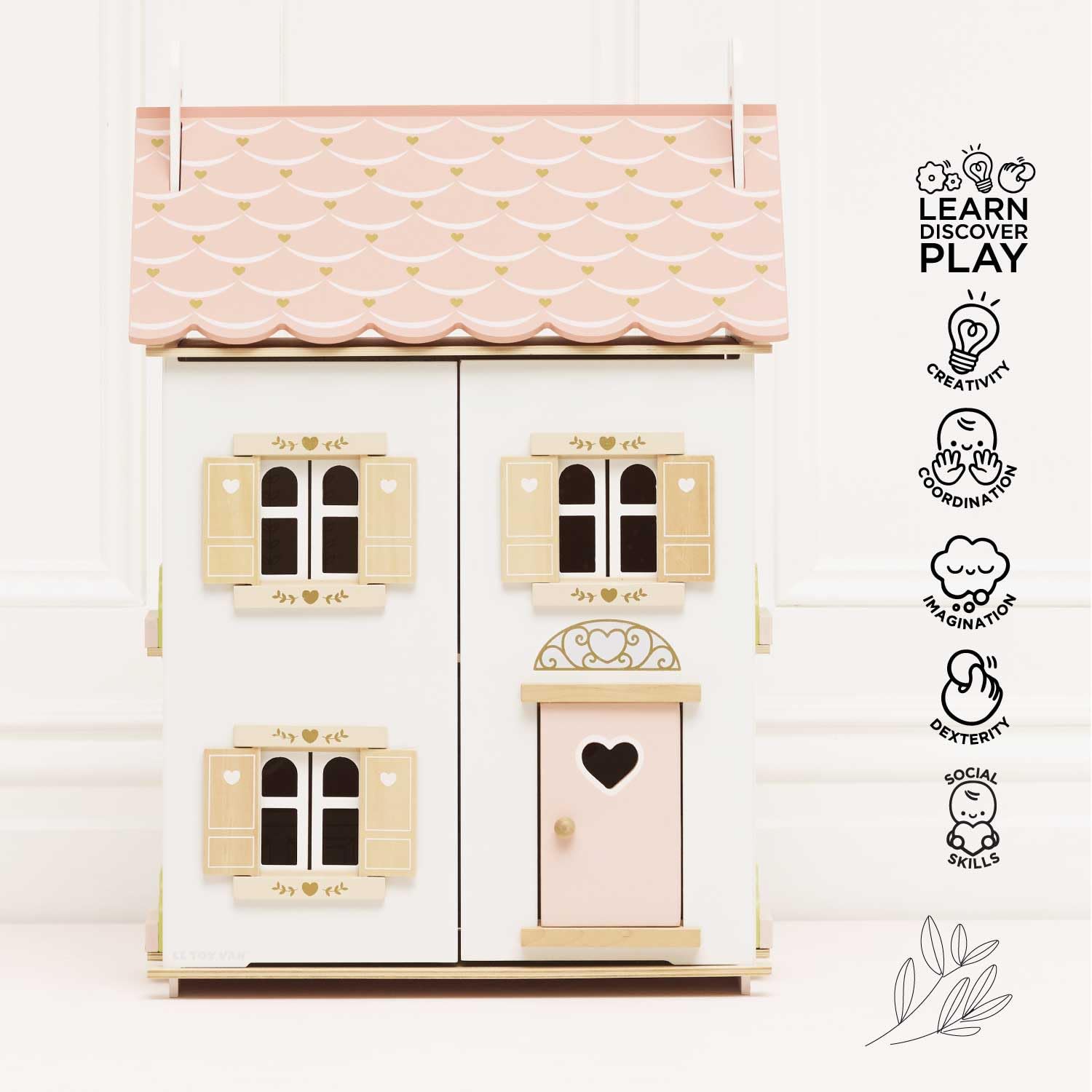 Кукольный домик Le Toy Van Rose Heart 3 года 2 уровня L 44 x D 36 x H 66 см деревянный для девочек с дверцами, окнами и ставнями, которые открываются, фото №5