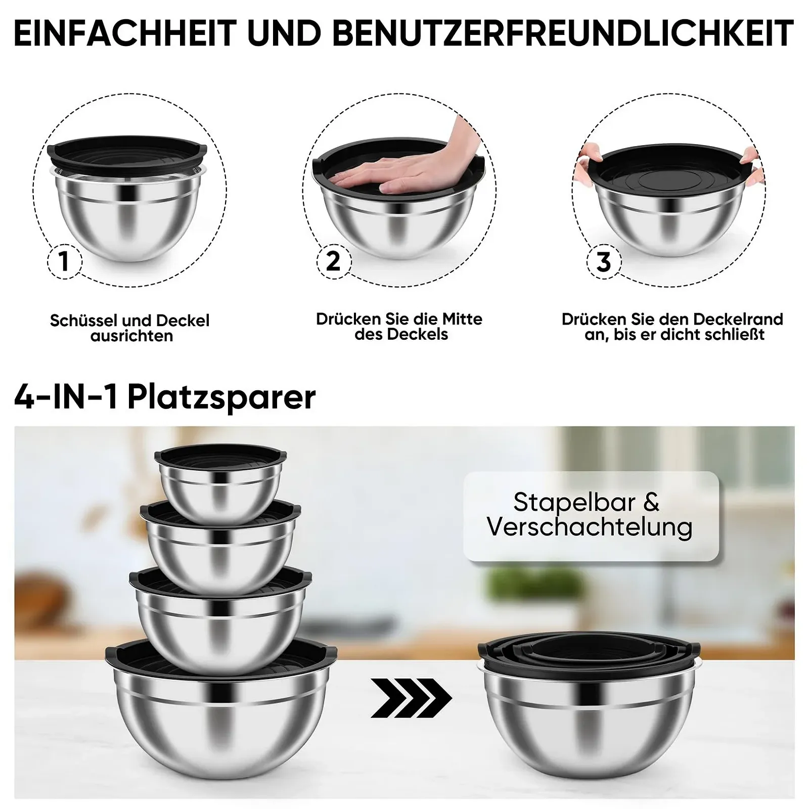 Набір мисок для змішування Onader 4 предмети 4.5 л 3 л 1.5 л 1.2 л Stainless Steel Black, фото №4