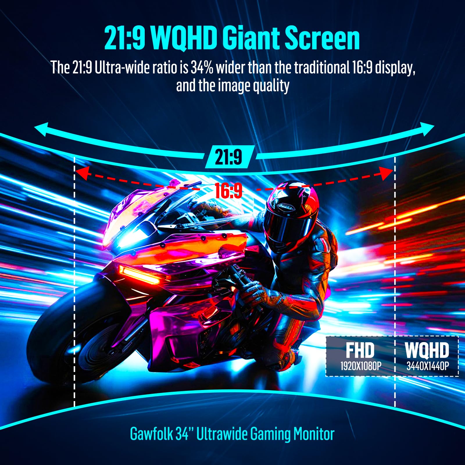 Монитор Gawfolk Gaming 34 дюйма UWQHD 3440x1440P 165 Гц 1500R VA HDMI VESA 75x75 мм, фото №2