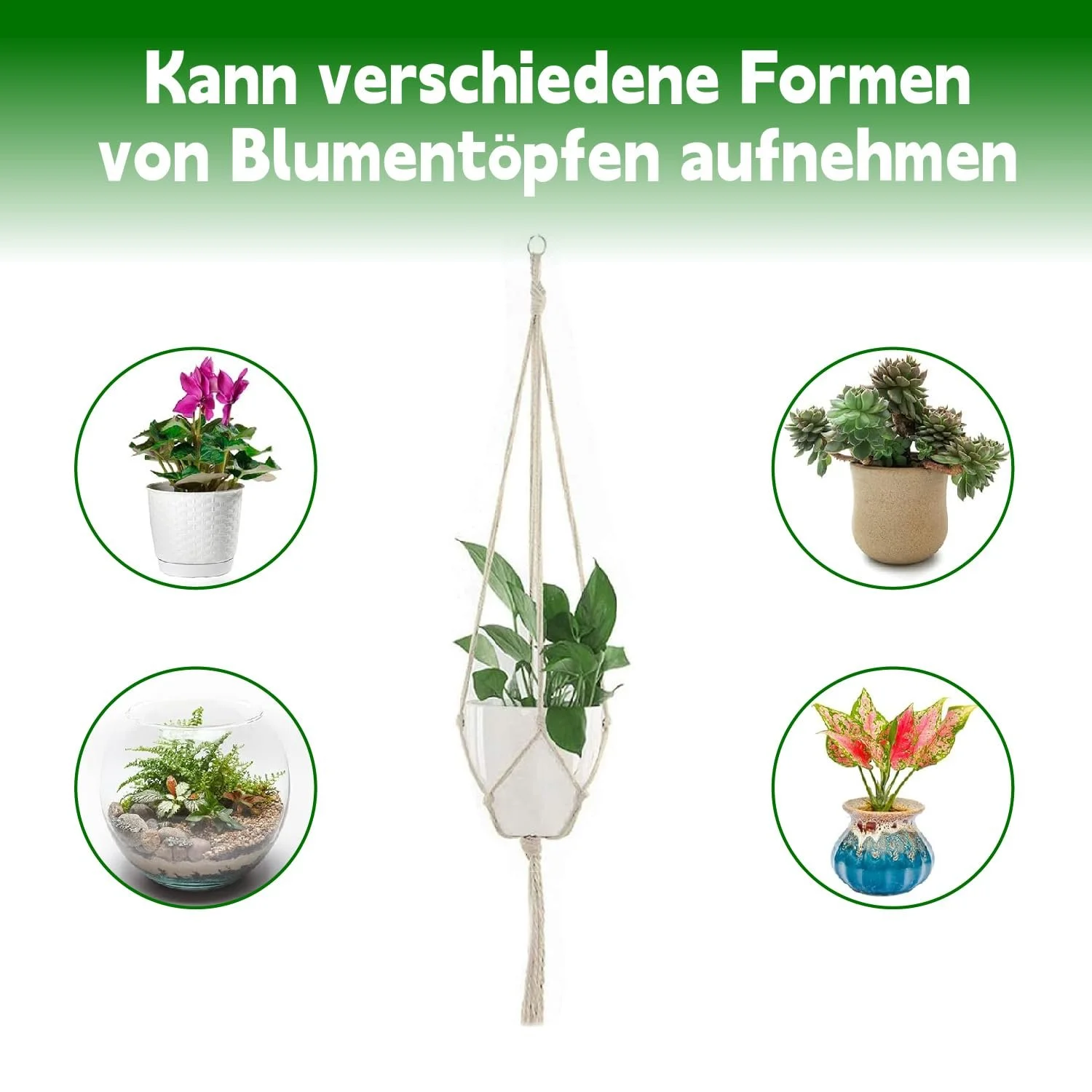 Подвесная корзина макраме 80/90/100 см 6 шт. Белый, фото №5