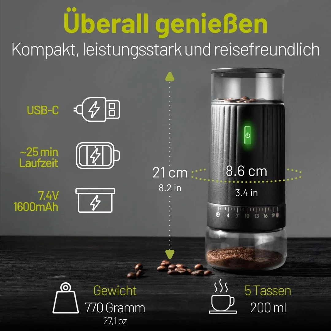 Електрична кавомолка з конічною млинком, USB акумуляторна, 15 рівнів помелу, регульована, для еспресо та спецій, тихий двигун, компактна та проста в чищенні, фото №5