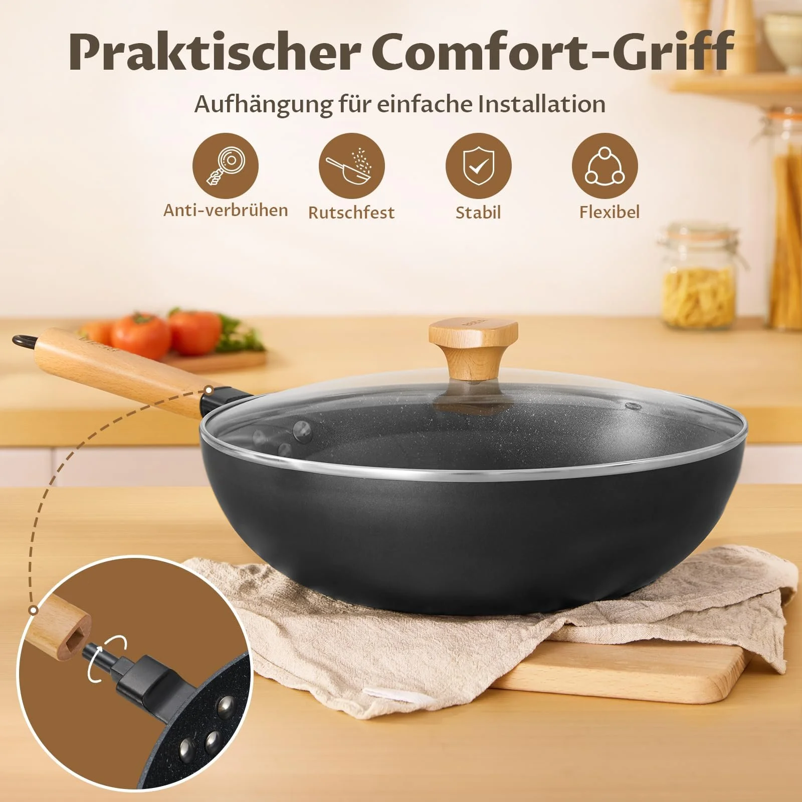 Сковорідка-вок індукційна BEZIA 30 см з кришкою, фото №6