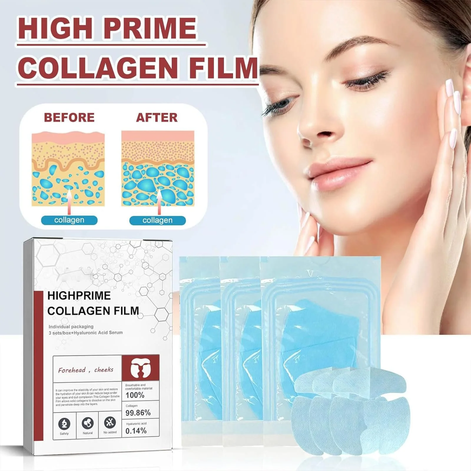 Коллагеновая пленка Highprime Растворимая маска для лица против старения для упругой кожи, уменьшающая морщины (2 коробки), фото №3