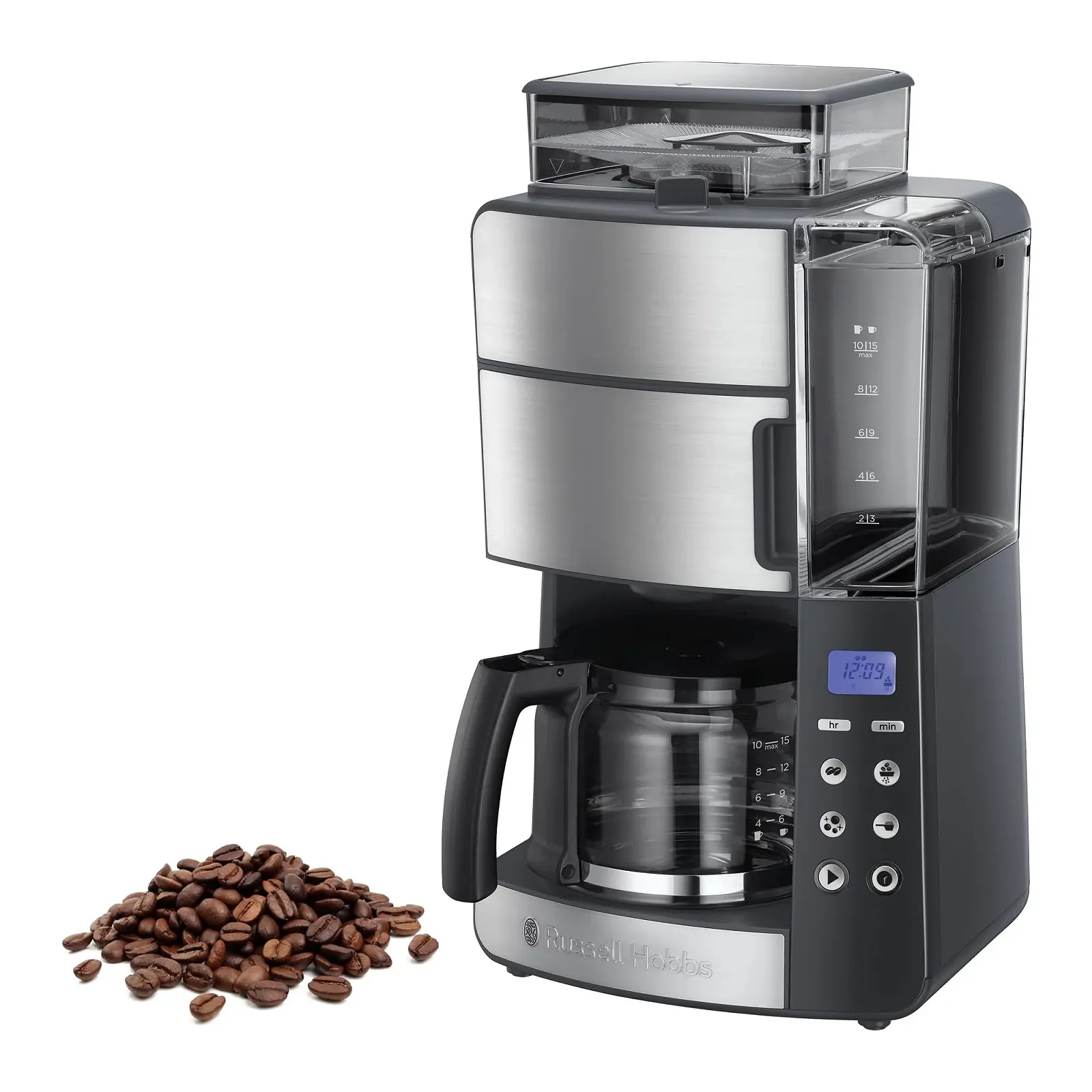 Кавоварка з кавомолкою Russell Hobbs Grind & Brew 25610-56, скляний глечик до 10 чашок, цифровий програмований таймер, 3 рівні помелу, 1000 Вт, сіра, фото №1