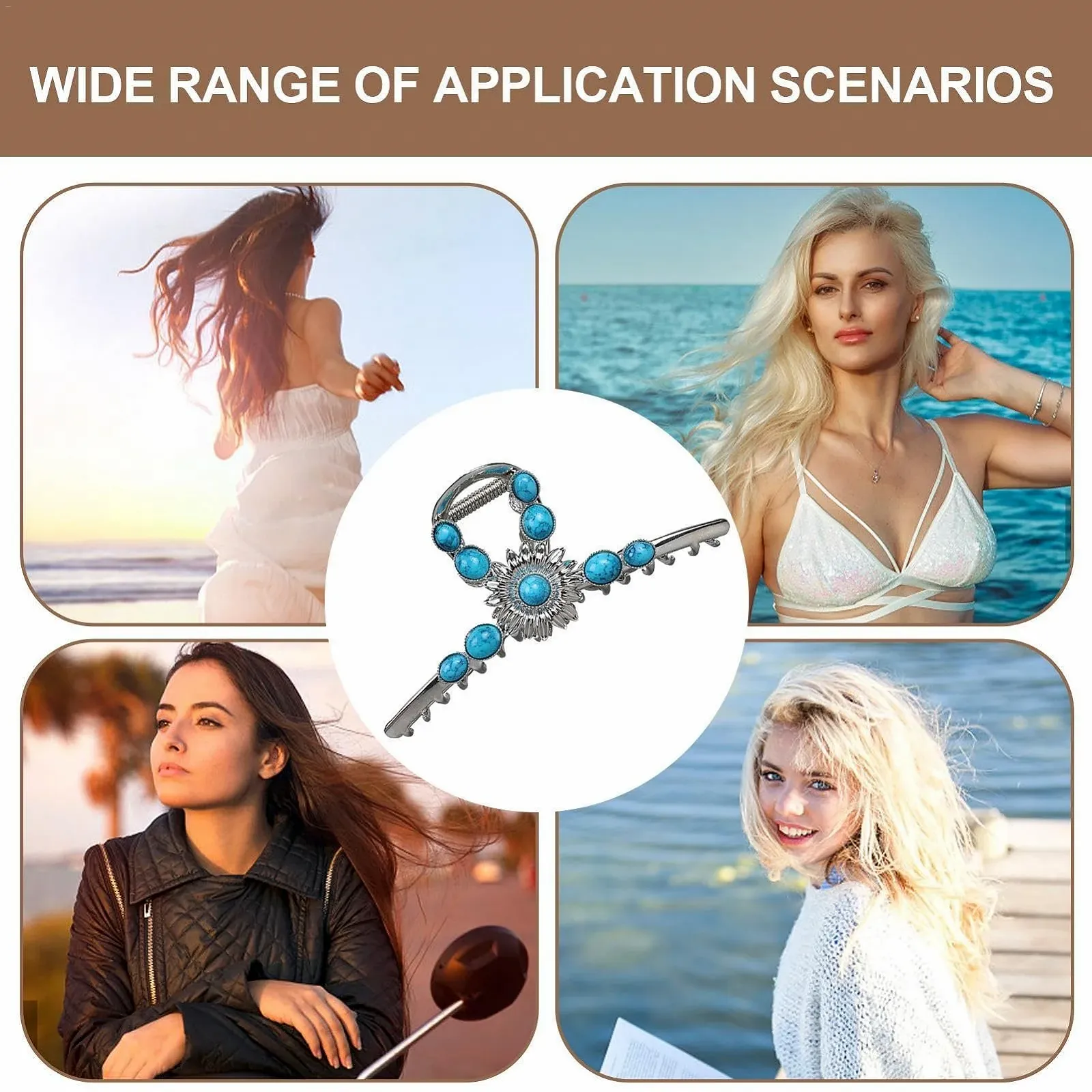 Заколка для волос с голубым камнем, Western Claw Clips для женщин, металлические заколки для густых волос, металлический маскарадный головной убор с винтажным камнем и цветочным узором, фото №4