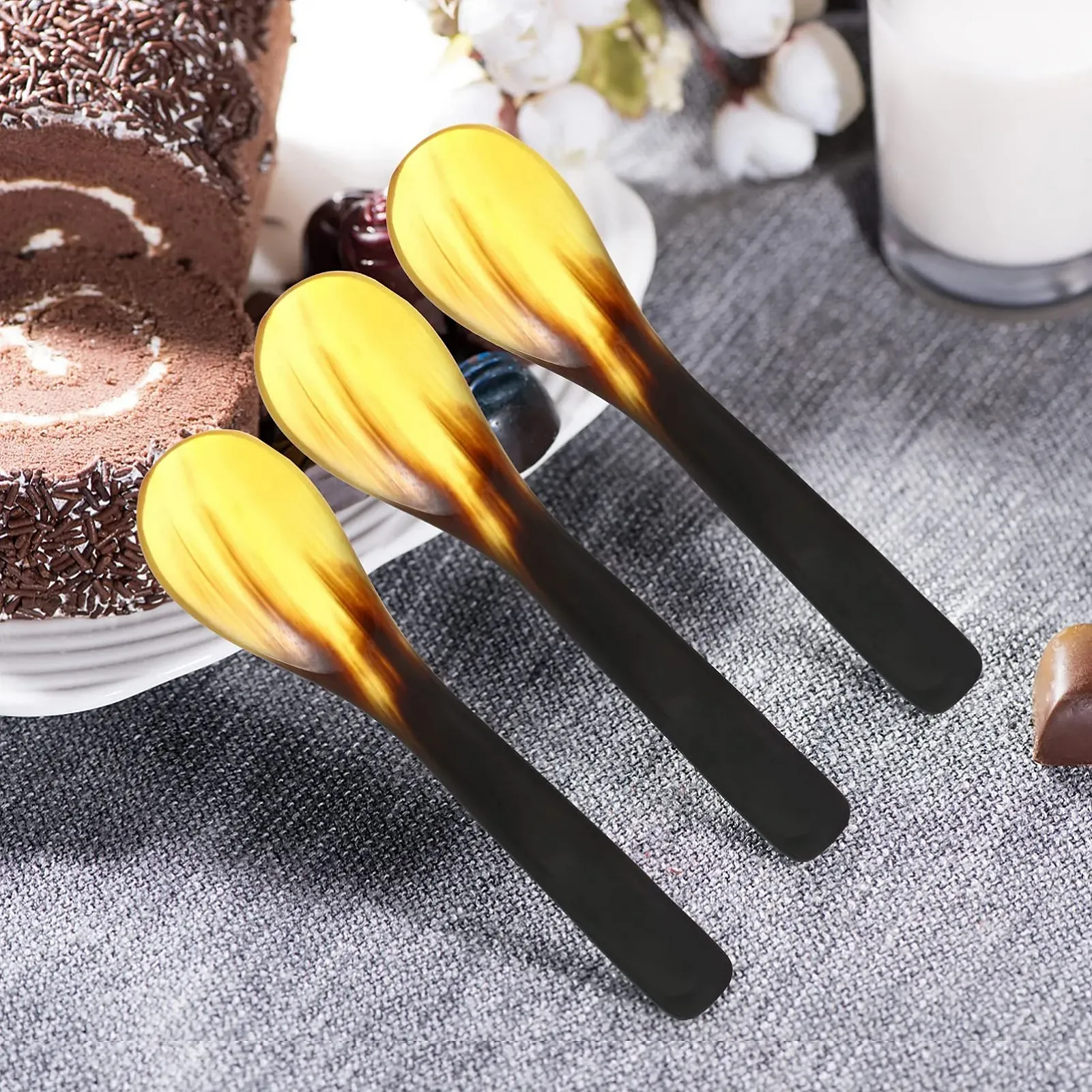 Набор роговых ложек HOMSFOU, 3 шт, детские ложки, ложки для смешивания кофе, йогурта, горчицы, варенья, мадлер для коктейлей, ложки, суповые ложки, ложки для торта, кофейные ложки, десертные ложки, фото №3