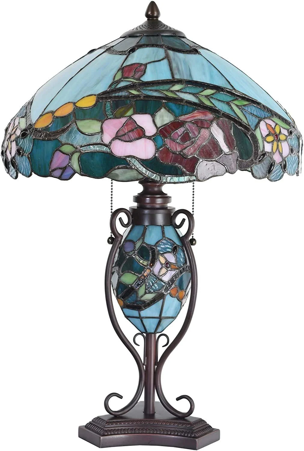 Настільна лампа Bieye Tiffany Style L30738 подвійне підсвічування вітражне скло пелюстки троянд 16"x24", фото №8