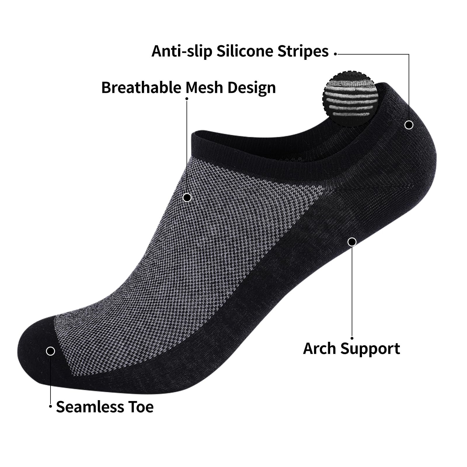Спортивные носки мужские и женские, 6 пар, хлопок, нескользящие, невидимые носки, дышащие короткие носки с нескользящими силиконовыми полосками, фото №5