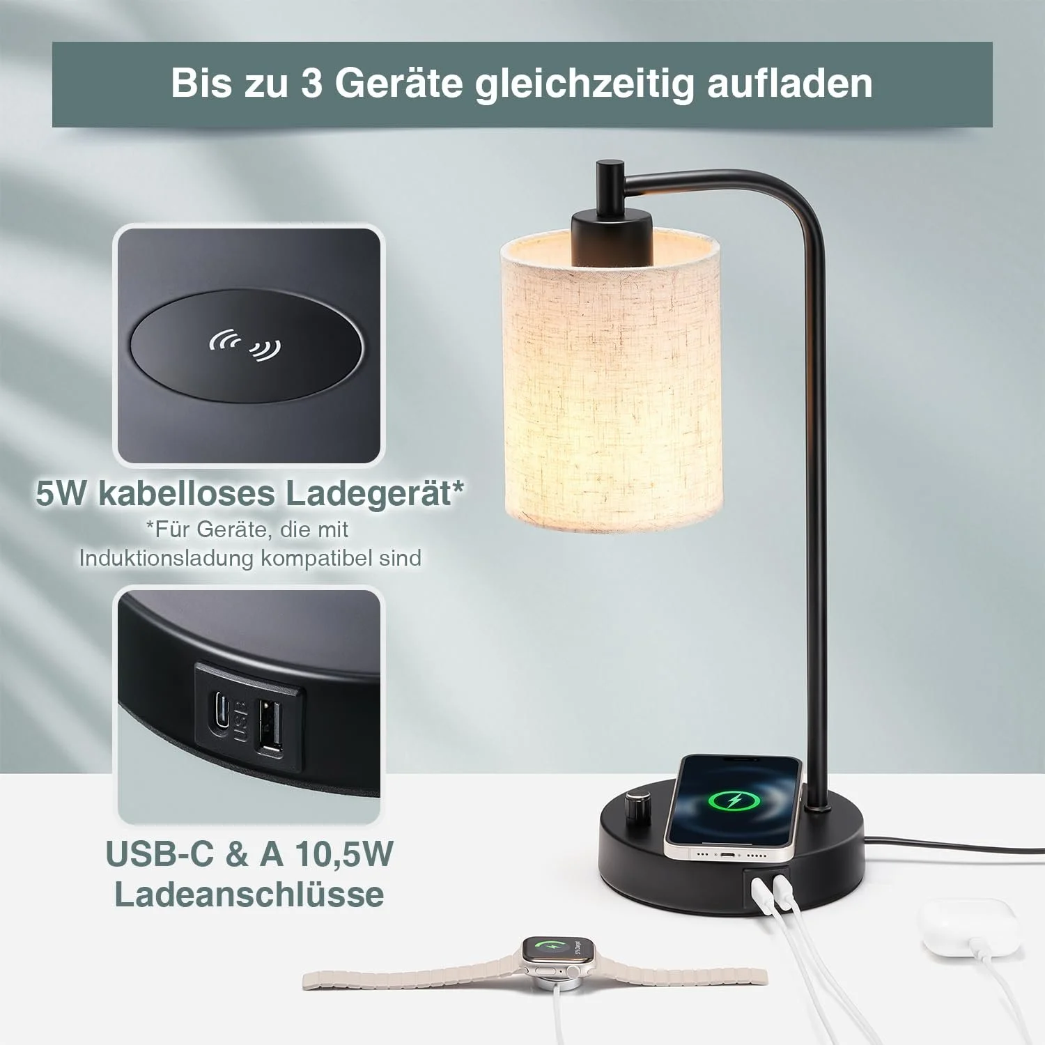 Настільна лампа Hestia Nest LED Бездротова зарядка USB-C+A Димована Льняний абажур, фото №3