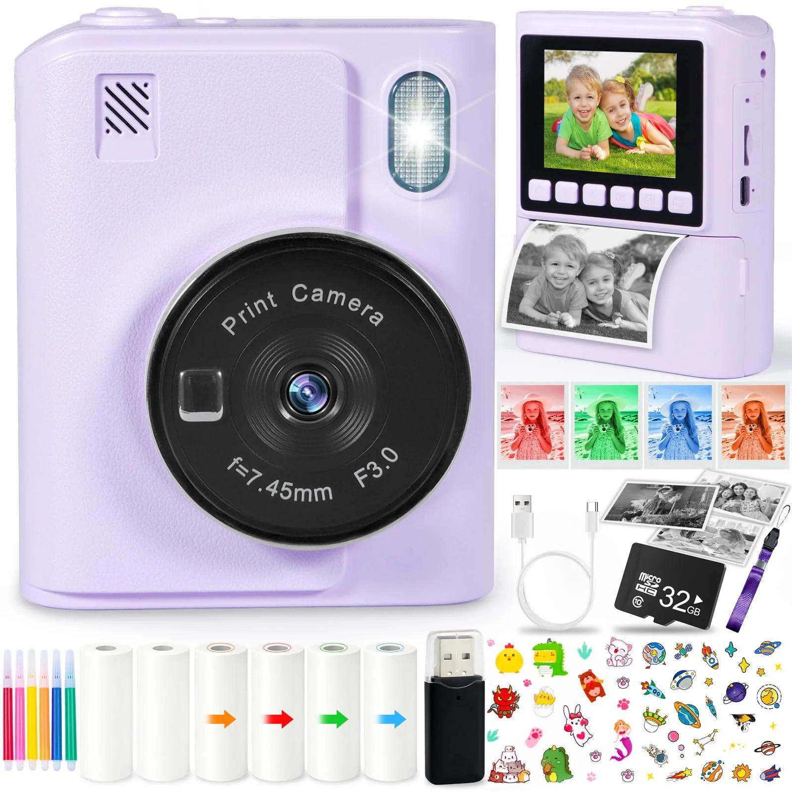 Детская фотокамера мгновенной печати 1080P HD 2.4 дюйма Screen 32GB 6 рулонов бумаги для печати, фото №1