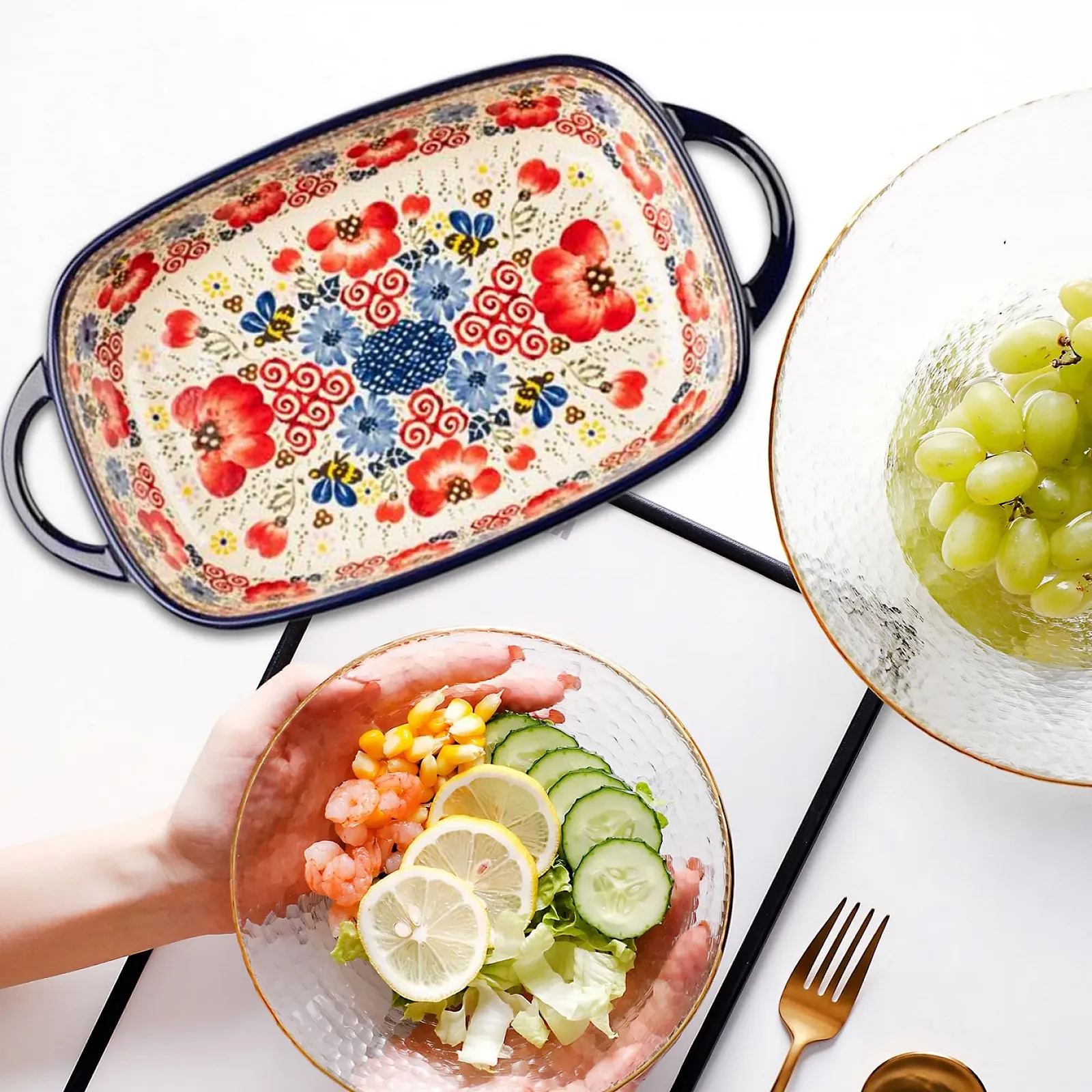 Форма для запекания керамическая термостойкая с двумя ручками цветочный принт 730 мл, фото №5