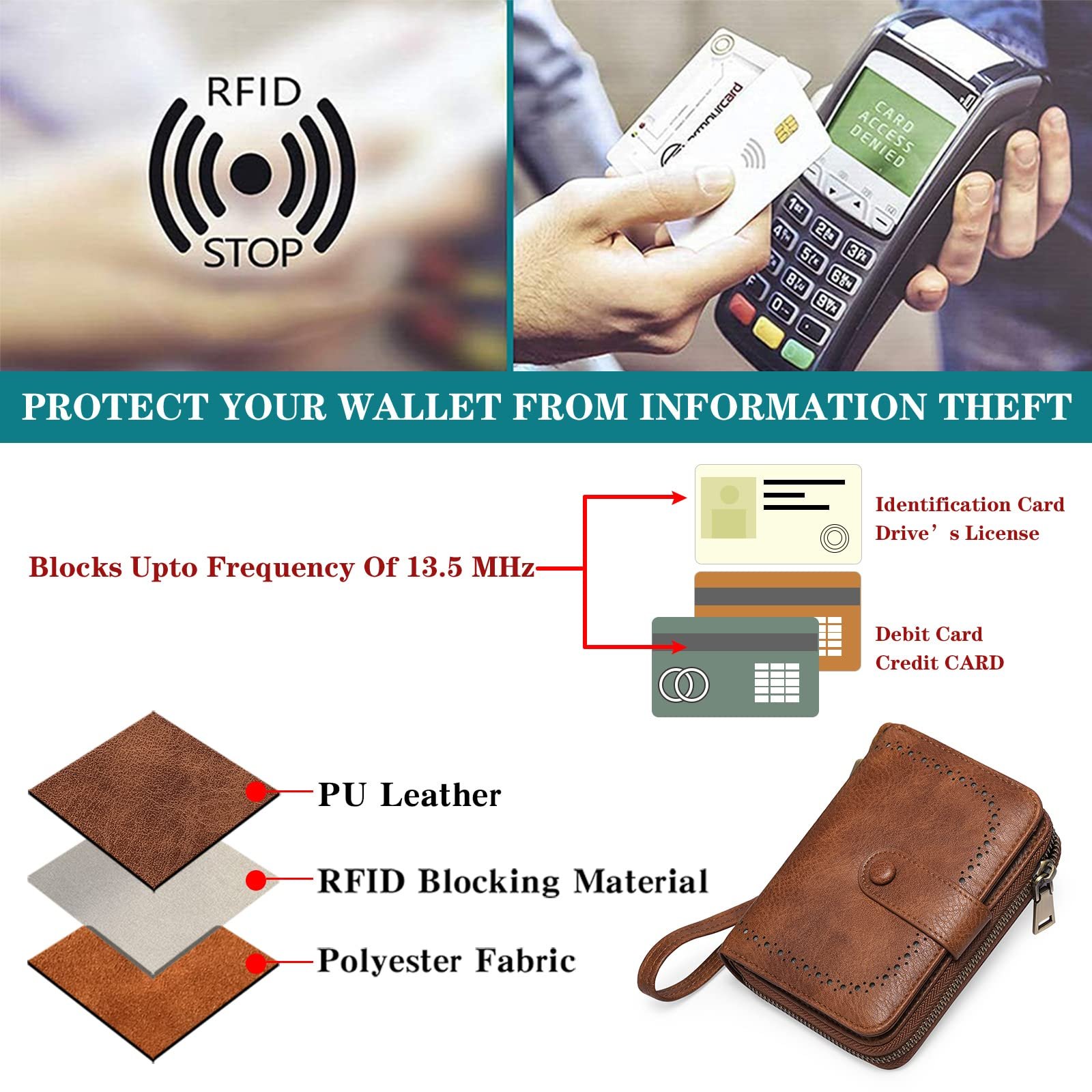 Кошелек GAEKEAO Большой держатель для карт с 32 отделениями для карт RFID Защита Чехол для визитных карточек на молнии Подарки для женщин, Светло-коричневый, Минимальный, фото №4
