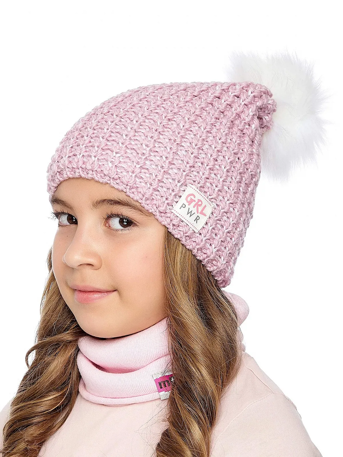 Шапка Дитяча Marhatter GRL Power Зимова Вязана з Бубоном, Пудрово-Рожева, фото №3