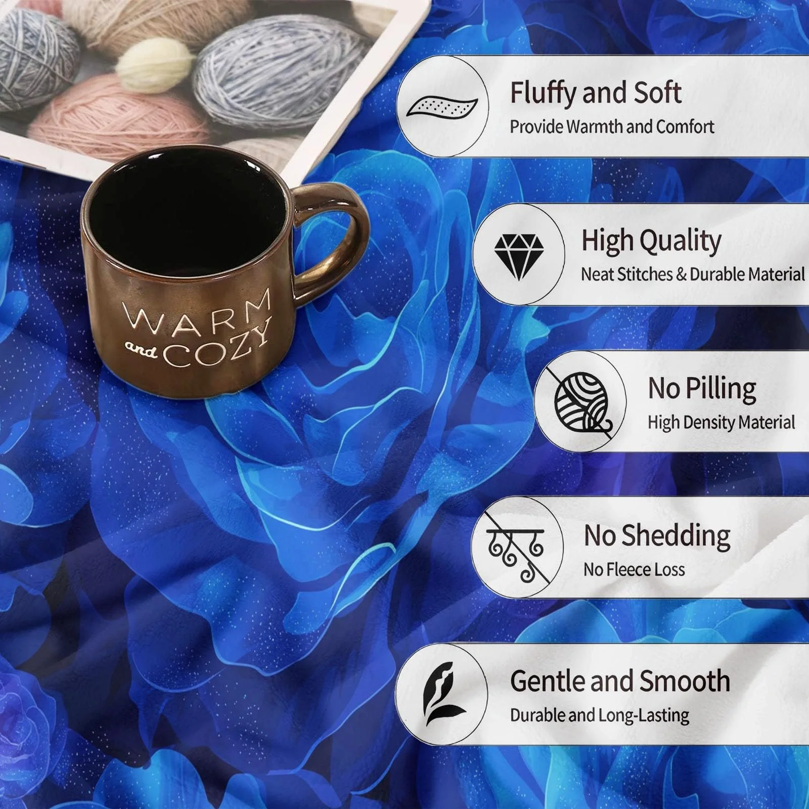 Фланелевое одеяло 150 x 200 см, Тема синих роз, Темно-синее, фото №7