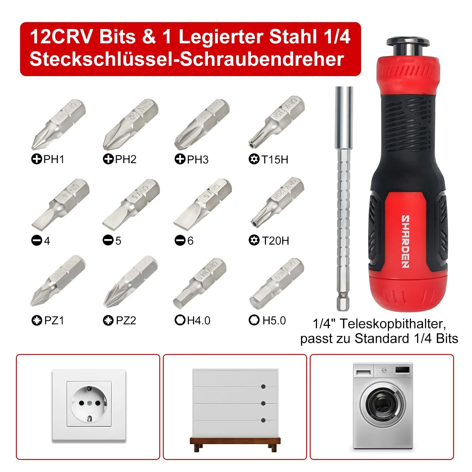 Викрутка SHARDEN 13-в-1 з магнітним подовжувачем Torx Slotted Phillips Hex Pozidriv 1/4, фото №3