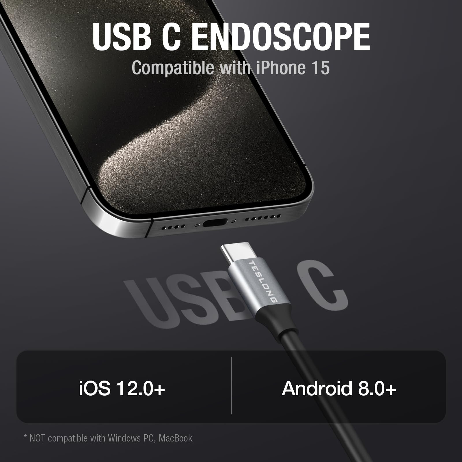 Ендоскоп Teslong Dual Lens з підсвічуванням, сумісний з iPhone 15, Type-C, 3 метри, фото №3