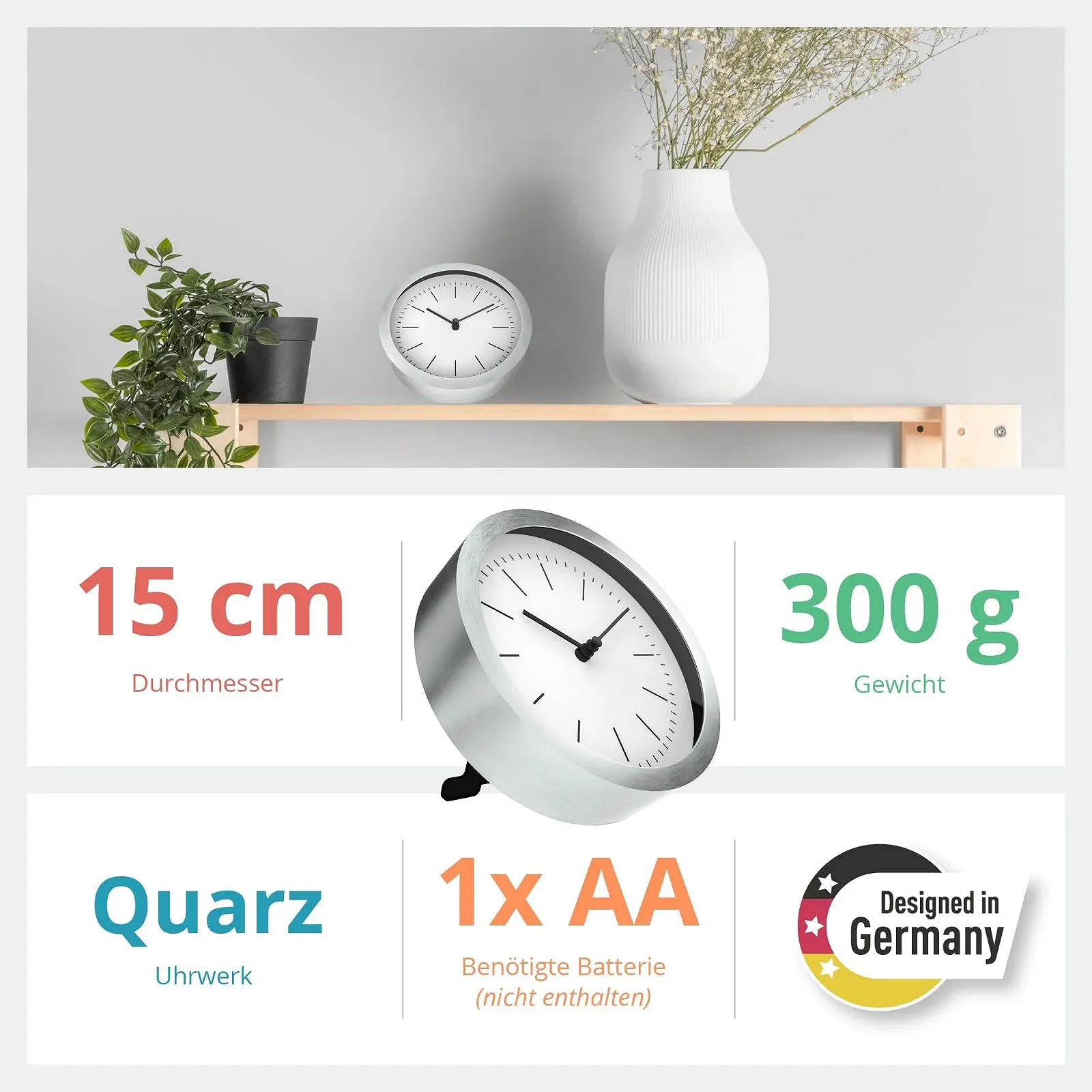 Настінний та Настільний Годинник MEBUS 2-в-1 Кварцовий Механізм 15 см Білий/Сріблястий, фото №5