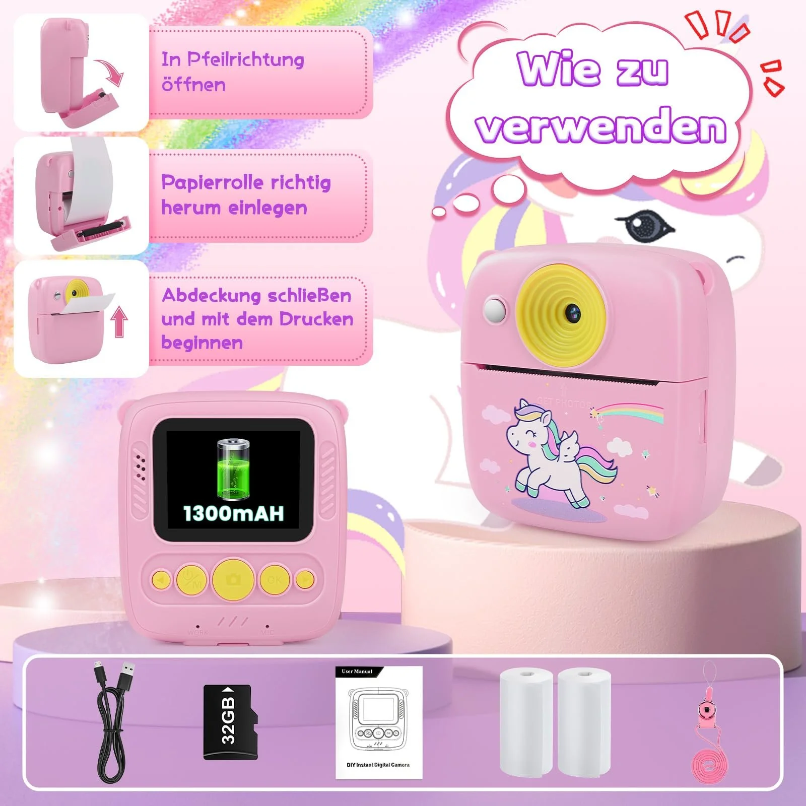 Фотокамера мгновенной печати Children 48MP Printing Paper & 32G TF Card 1080P Digital Camera Pink, фото №7