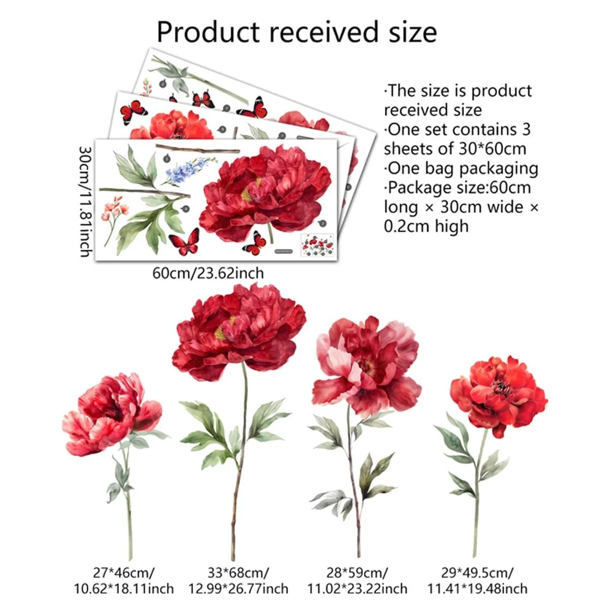 Наклейки на стіну Runtoo Large Red Flowers Butterfly акварельні, фото №4