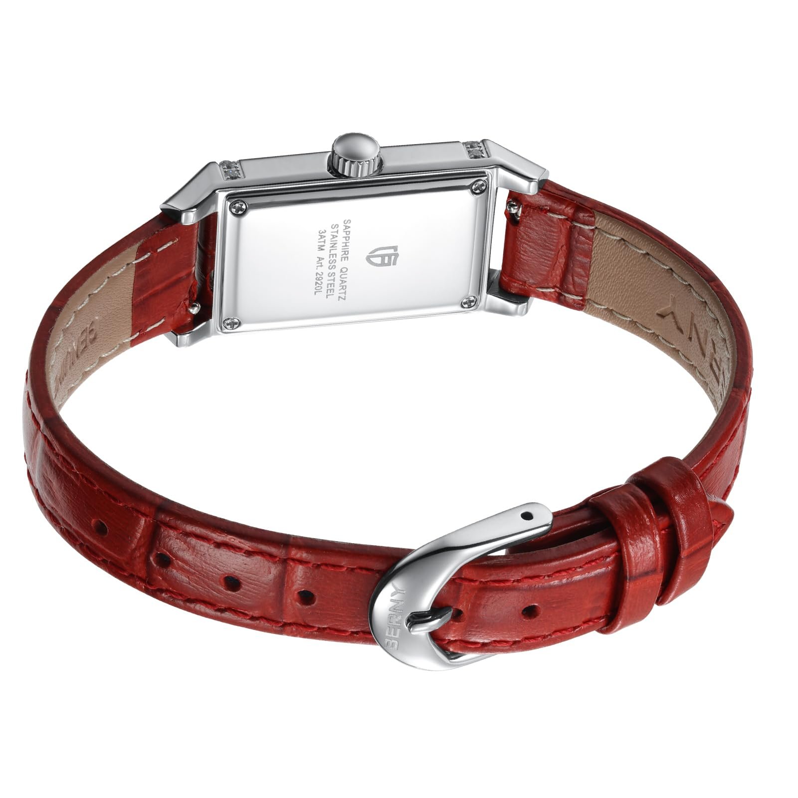 BERNY Женские прямоугольные часы Кварцевые часы Циферблат с арабскими цифрами Ремешок из натуральной кожи Водонепроницаемые, фото №3