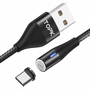 Магнитный кабель для зарядки Topk Led AM23 USB 2.4A Type-C Black 1 м Зарядный шнур телефона - Фото 1