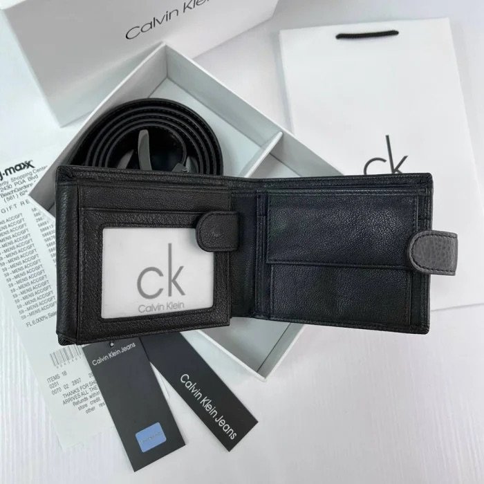 Мужской подарочный набор Calvin Klein черный кожаный ремень и кошелек на застежке, фото №2