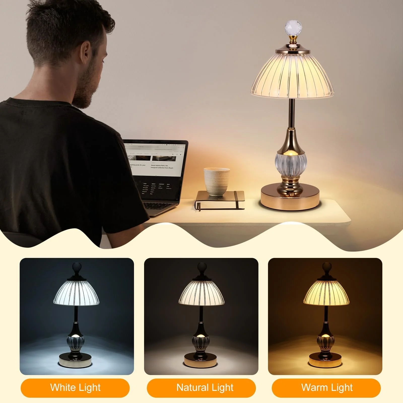 Настільна лампа ALLOMN кришталева світлодіодна акумуляторна сенсорна золота, фото №2