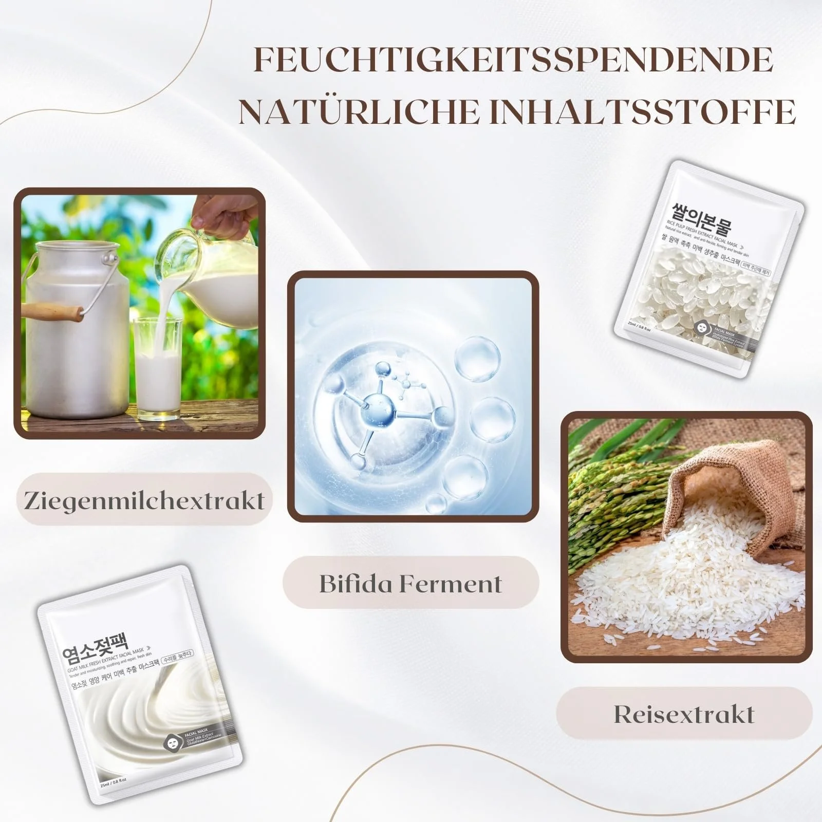 Тканинні маски для обличчя Набір з Рисом і Козячим Молоком для Зволоження, Підтяжки, фото №2