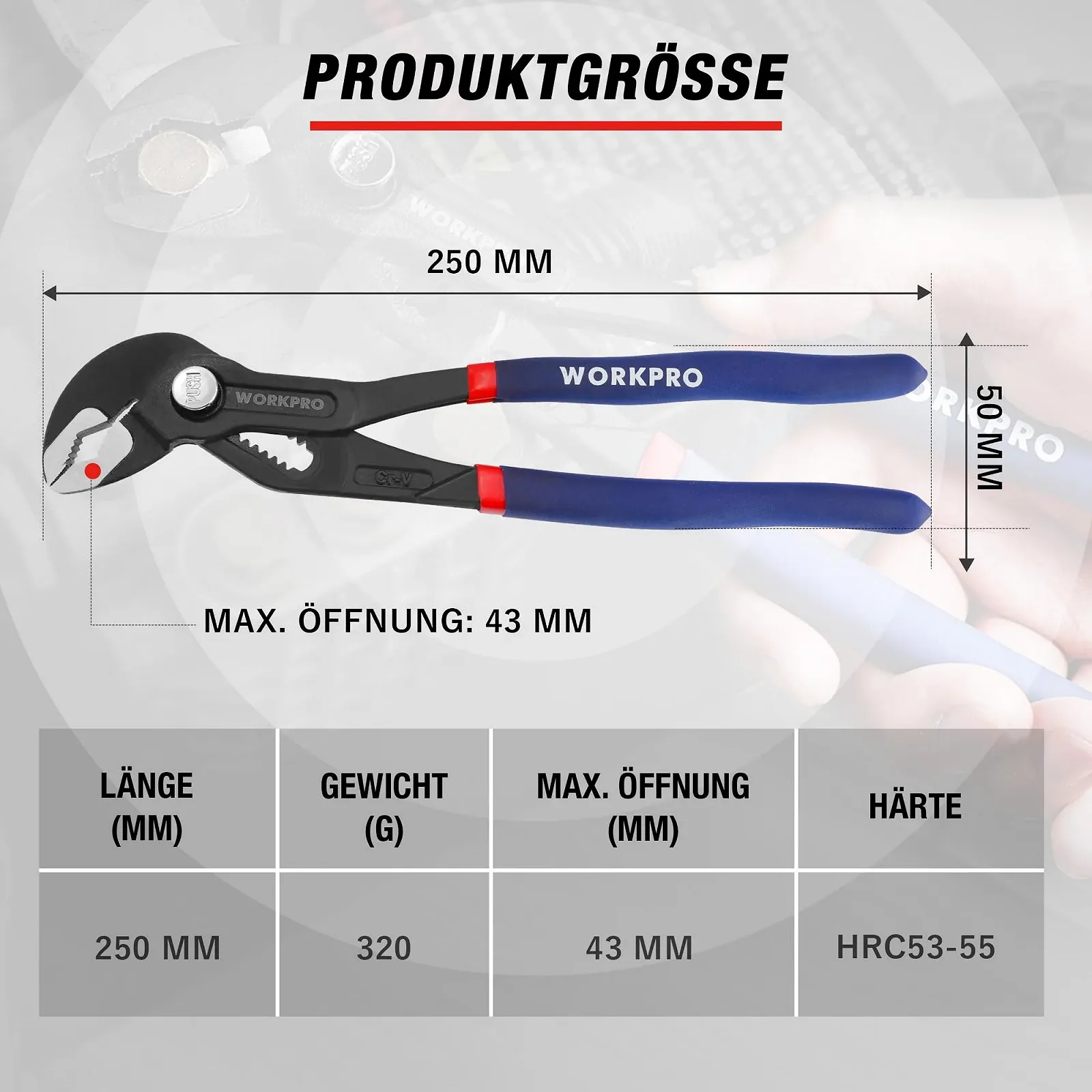Клещи переставные WORKPRO Professional 250 мм, трубный ключ из Cr-V стали, регулируемый быстросъемный с пазом скользящего соединения Макс. открытие: 43 мм, фото №3 Клещи переставные WORKPRO Professional 250 мм, трубный ключ из Cr-V стали, регулируемый быстросъемный с пазом скользящего соединения Макс. открытие: 43 мм, фото №3