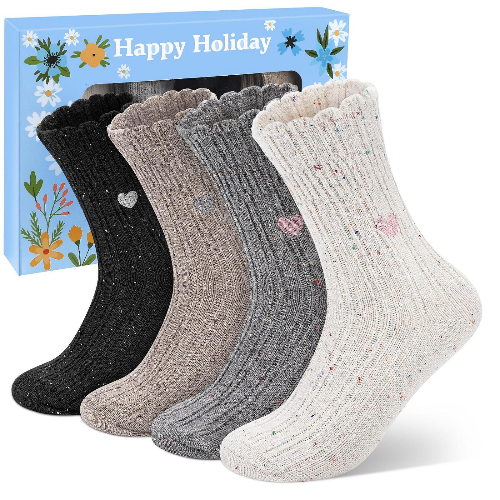 Шерстяные носки из мериноса женские (4 пары) Термоноски шерстяные женские Вышитые в горошек Милые носки для зимы Повседневные оригинальные подарки для девушек, фото №1