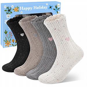 Шерстяные носки из мериноса женские (4 пары) Термоноски шерстяные женские Вышитые в горошек Милые носки для зимы Повседневные оригинальные подарки для девушек - Фото 1