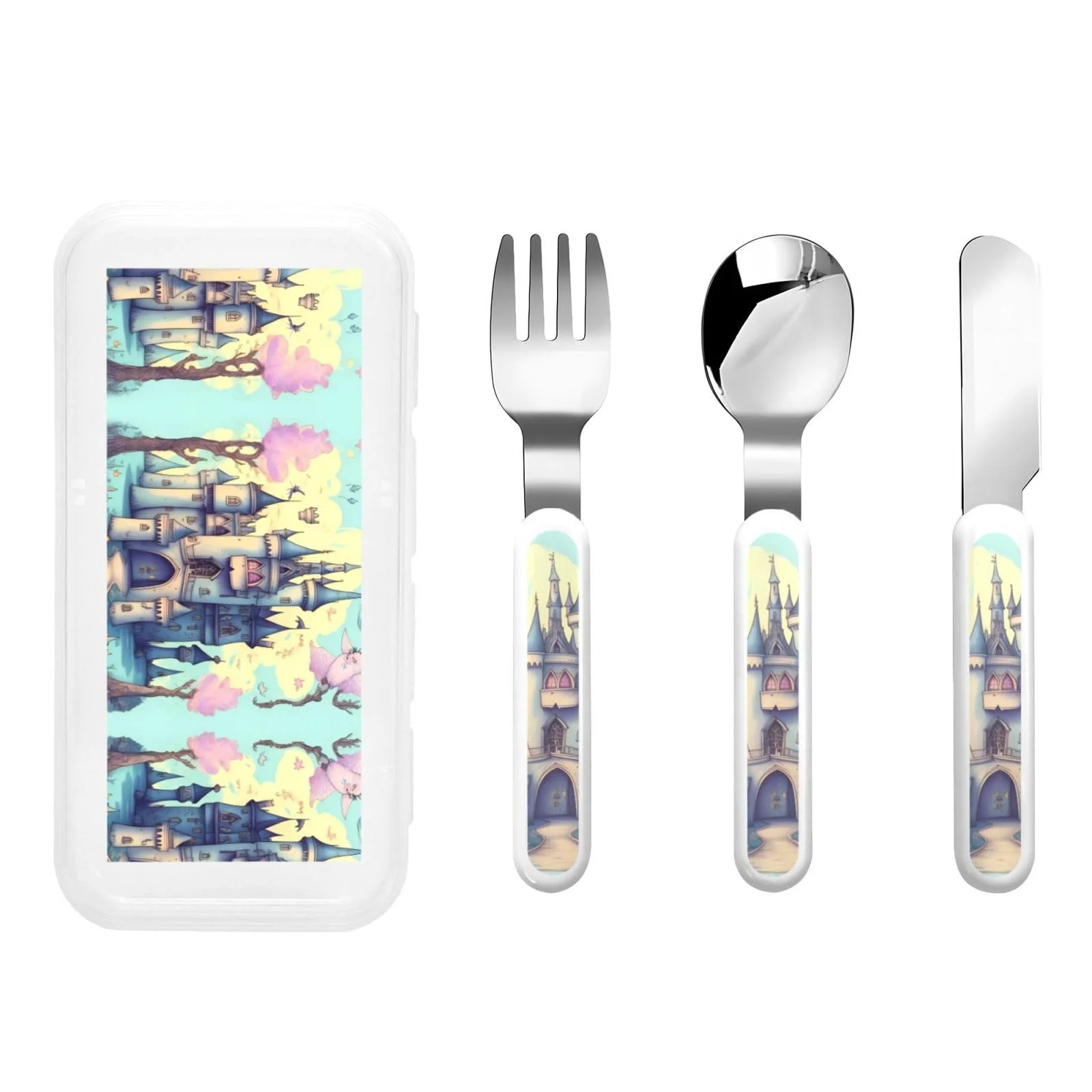 Набір дитячих столових приборів з трьох предметів Fairytale Castle з малюнком, фото №1 Набір дитячих столових приборів з трьох предметів Fairytale Castle з малюнком, фото №1