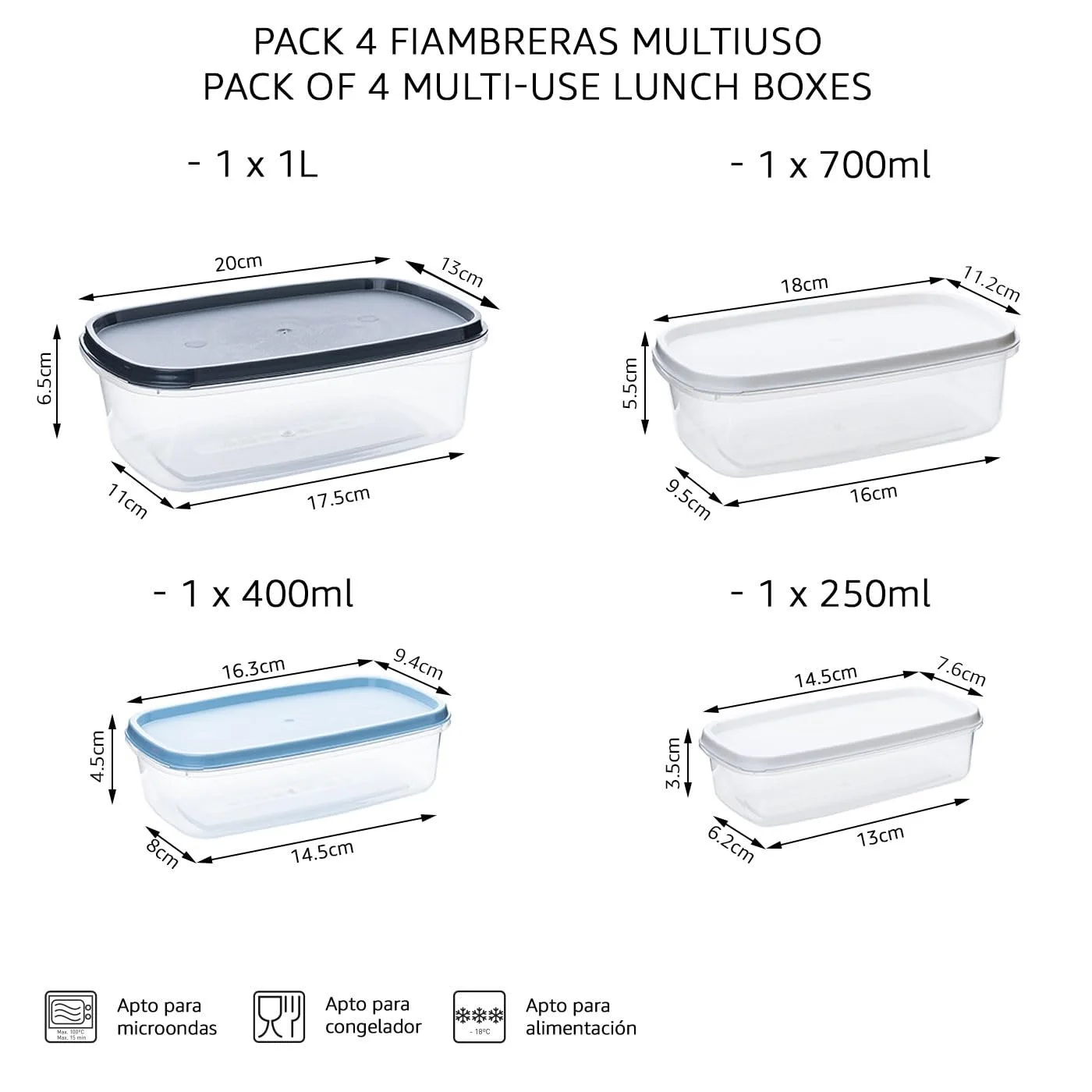 Набір контейнерів для зберігання їжі 4 шт 250-1000 мл BPA Free Пластик, фото №3 Набір контейнерів для зберігання їжі 4 шт 250-1000 мл BPA Free Пластик, фото №3