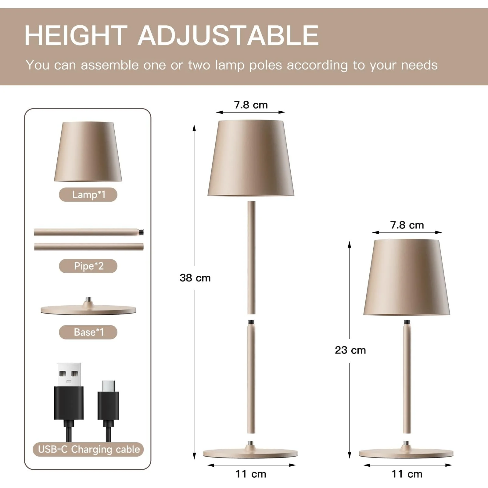 Настільні лампи 2 шт. LED акумуляторні сенсорні димовані 5200 mAh IP54 Бежеві, фото №4