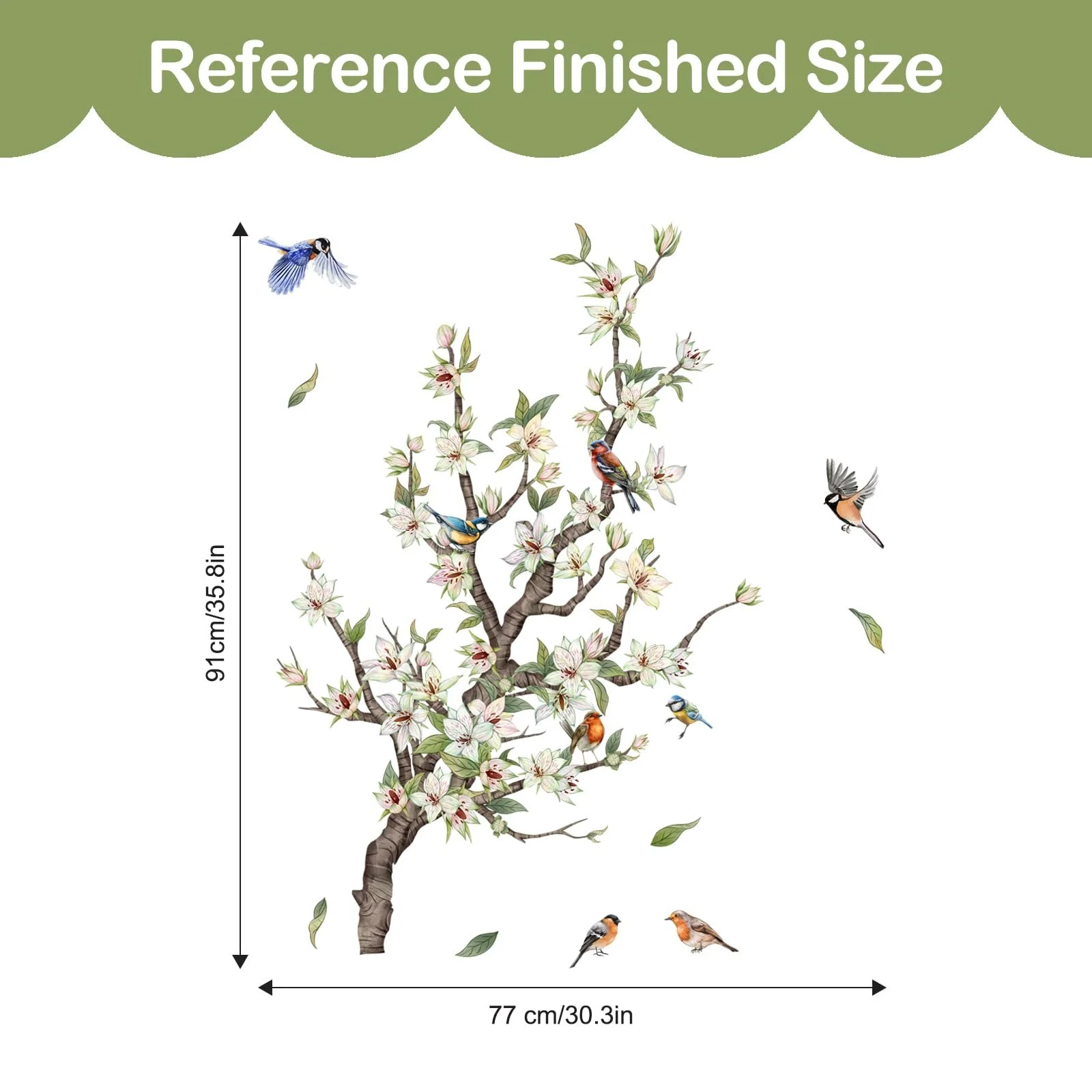 Настінна наклейка Tanlaby Квіти Дерево Птахи на гілці Зелена, фото №5